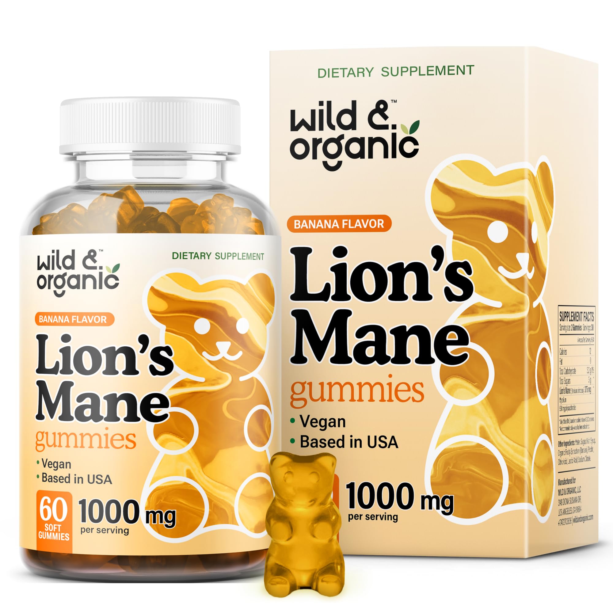 Wild & Organic Lions Mane Mushroom Gummies 1000mg - Natural Lion's Mane Mushroom Supplement Gummies - 60 Chews for Focus and Brain Energy Support - Vegan, Non-GMO