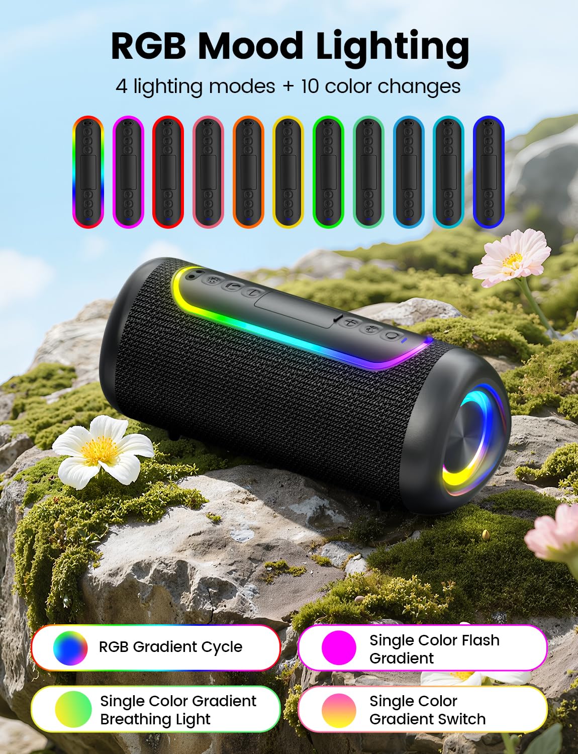 UOHHBOE Głośnik Bluetooth 30W, do 30H pracy, Bluetooth 5.4, TWS Stereo, Podświetlenie RGB, IPX5 odporny na zachlapania, USB/TF/AUX – do domu, podróży i na zewnątrz | Bluetooth 5.4, TWS stereo 360°, czas pracy 30H, 4 tryby RGB, IPX5, Type-C, głośnik bezprz