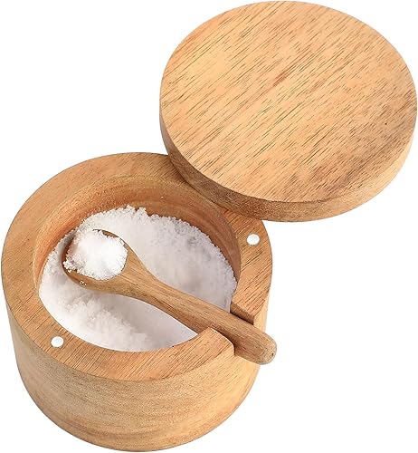 Miniatura 6 de DGYLL Sal, bodega de sal de madera de acacia con tapa y cuchara, caja de sal con tapa giratoria, recipiente de sal con tapa, 6 onzas