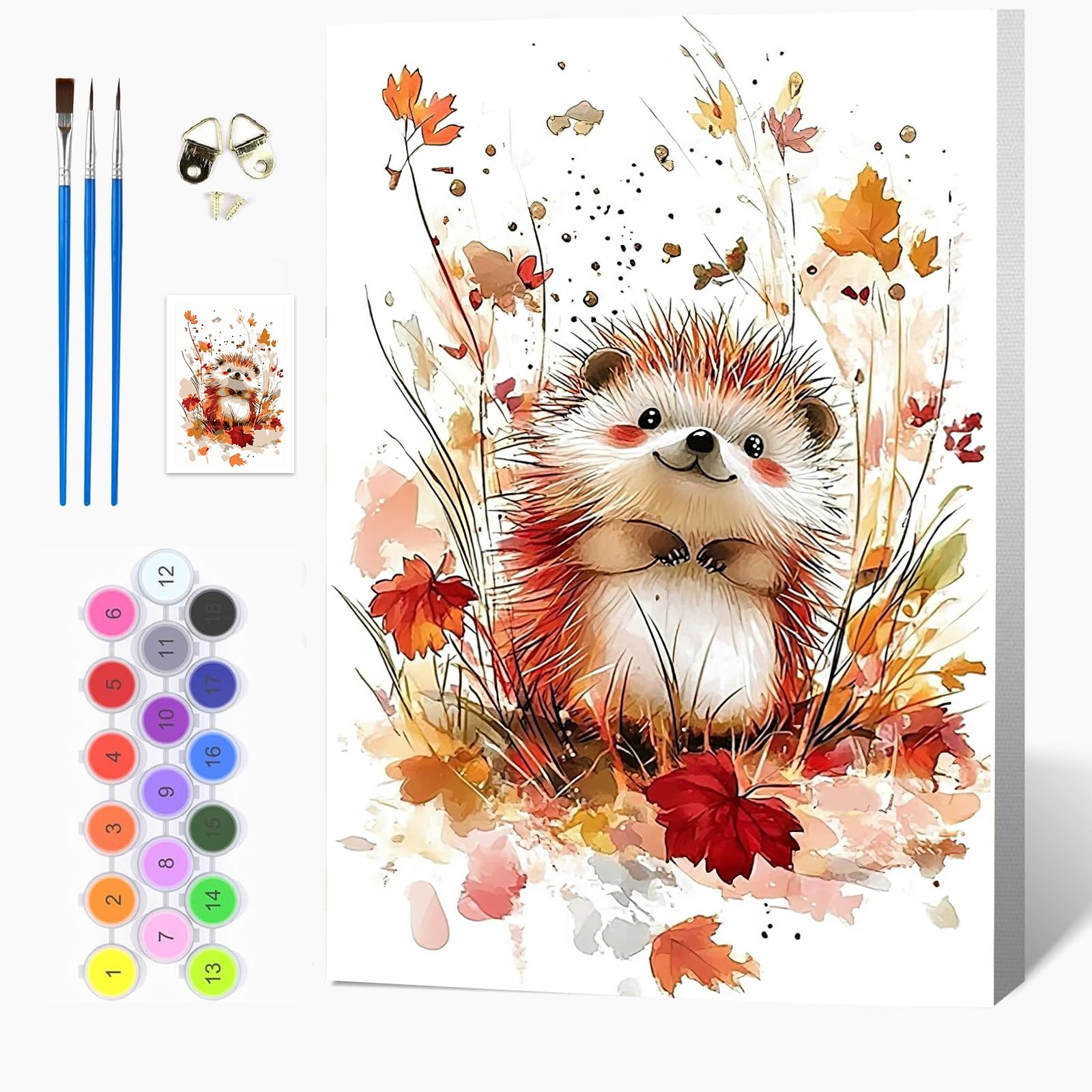 Auremi Hedgehog Fall Paint by Numbers Kits Kids Adults, Animals Painting by Number Kits On Canvas,Framed DIY Color Oil Painting Acrylic Paints,Home Wall Decor 20x30cm