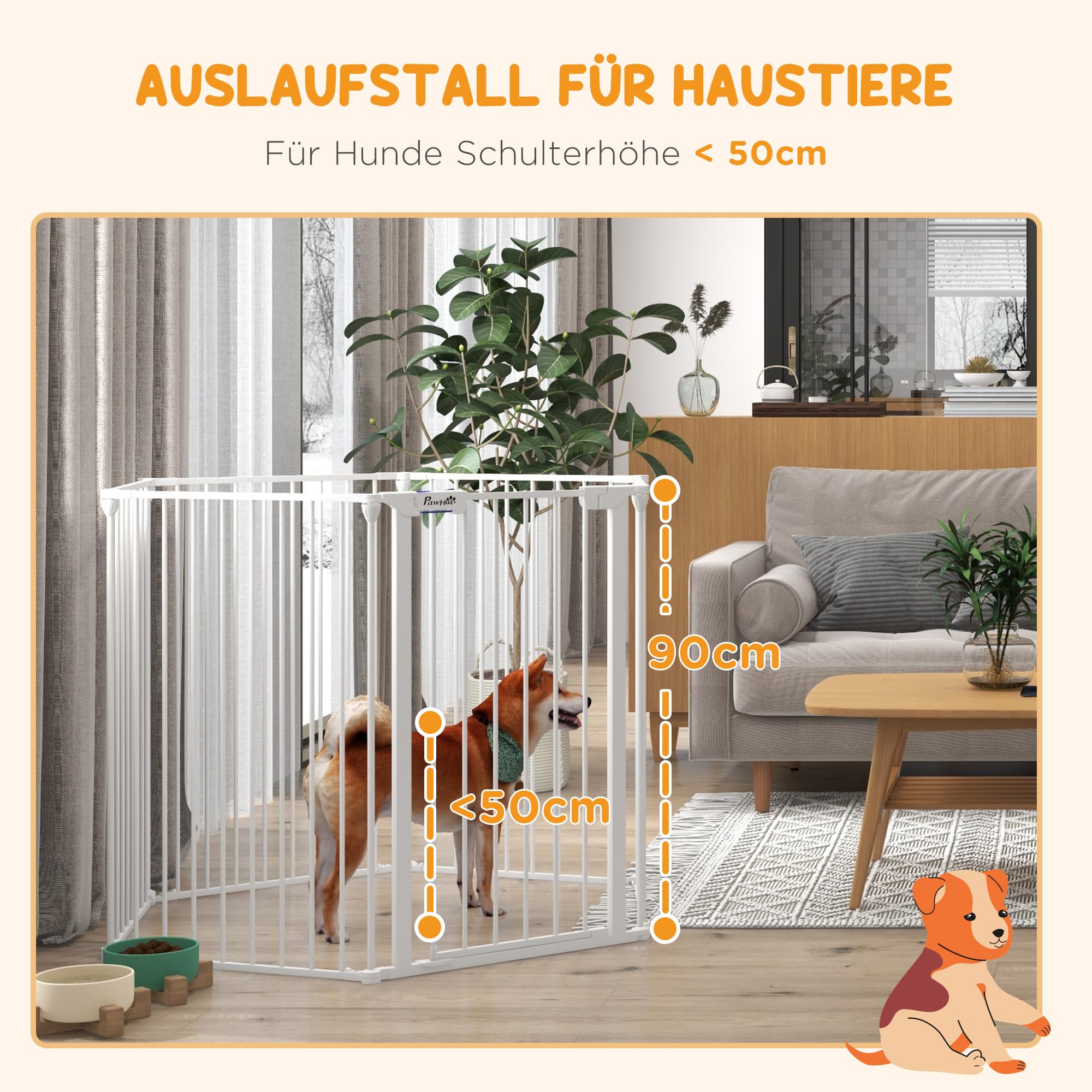 PawHut Enclos pour chiots pliable, hauteur 90 cm, barrière pour chiens, barrière avec 6 panneaux, enclos, barrière de cheminée indépendante, enclos pour chiens de taille moyenne, acier, blanc