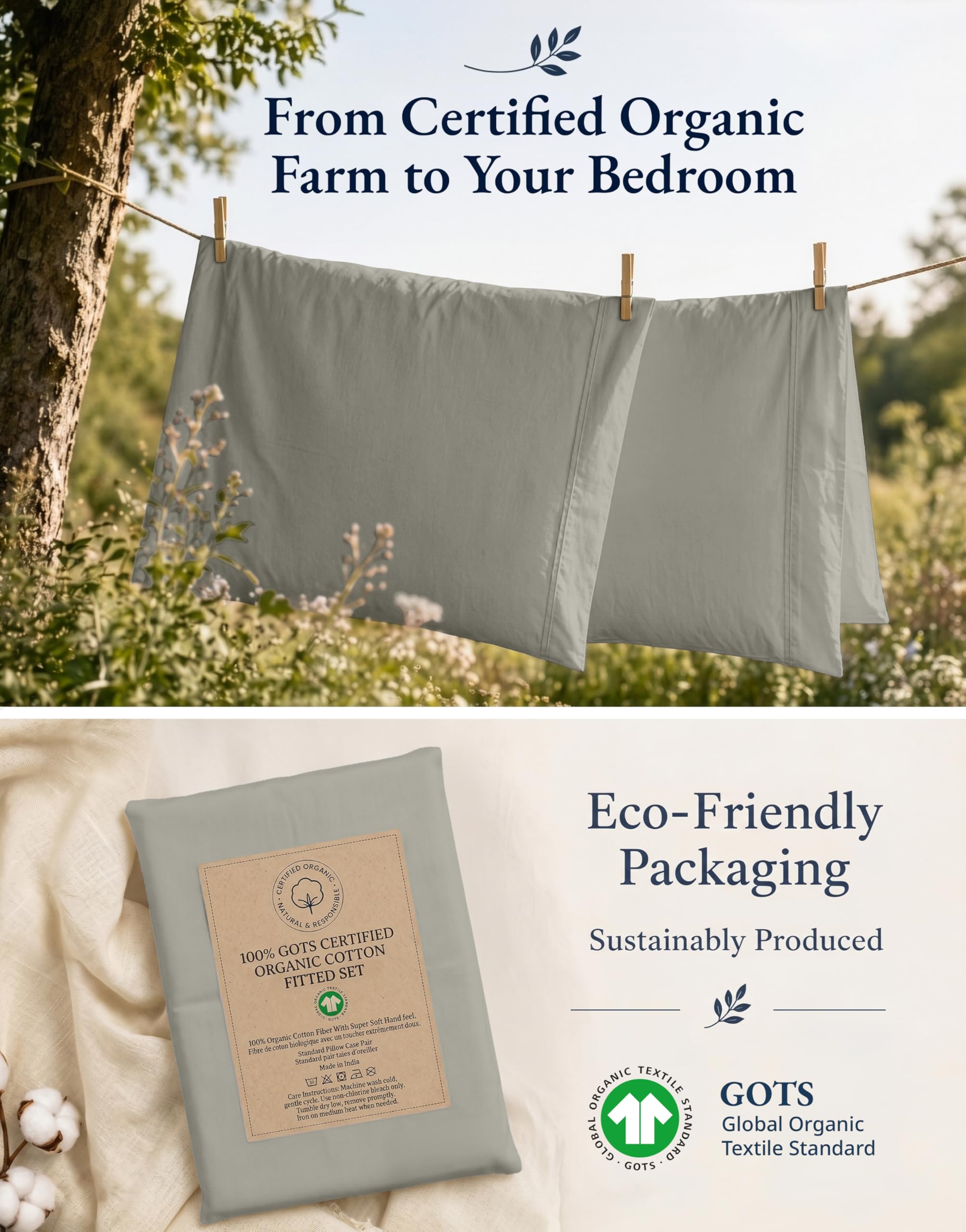 Lane Linen Lenzuolo con angoli per letto matrimoniale, 100% cotone biologico, percalle, morbido e traspirante, set di 3 pezzi con 2 federe, tasca profonda 38 cm ed elastico a tutto tondo, argento