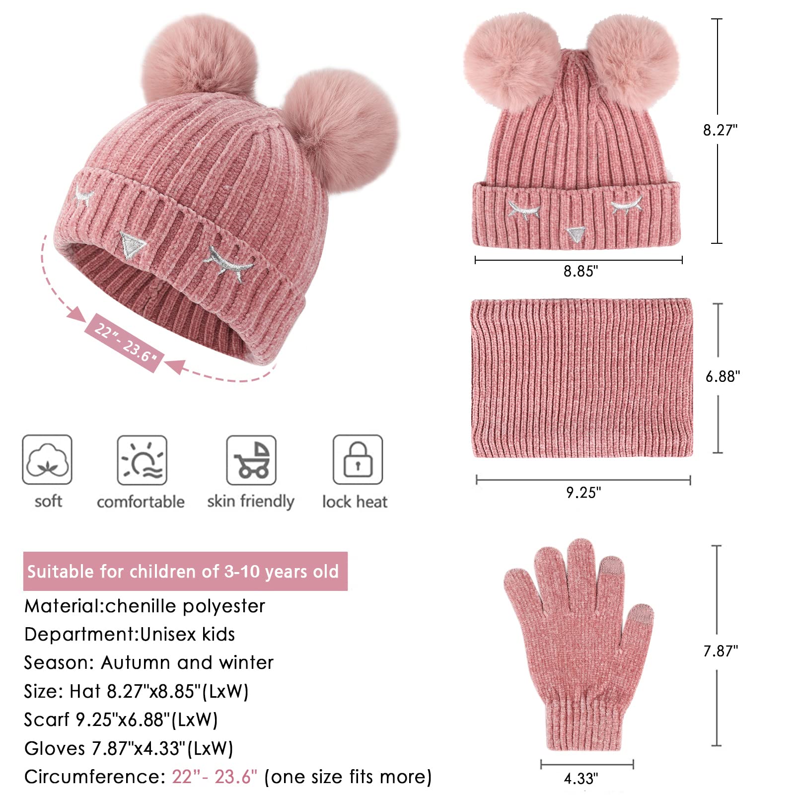 Bequemer Laden Enfants Garçons Filles Hiver Chaud Pompon Bonnet Gants Tactiles Écharpe Ensemble Tricot Chapeau Cache-Cou Avec Doublure Polaire pour 3-10 Ans Cadeaux Noel
