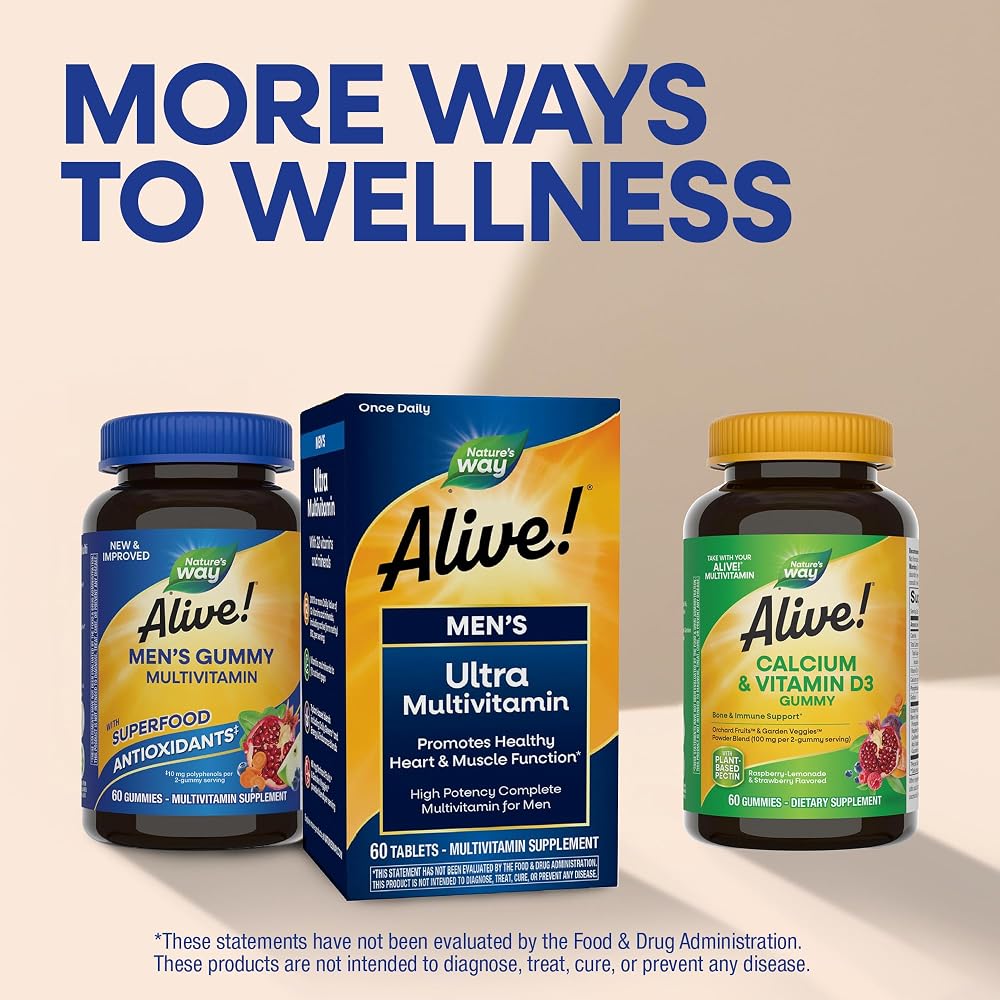 Nature's Way Alive! Men's Multivitamin Gummies, Supports Energy Metabolism*, Muscle Function*, Superfood Antioxidants(1), B-Vitamins, Vegetarian, Fruit Flavored, 60 Gummies (Packaging May Vary)