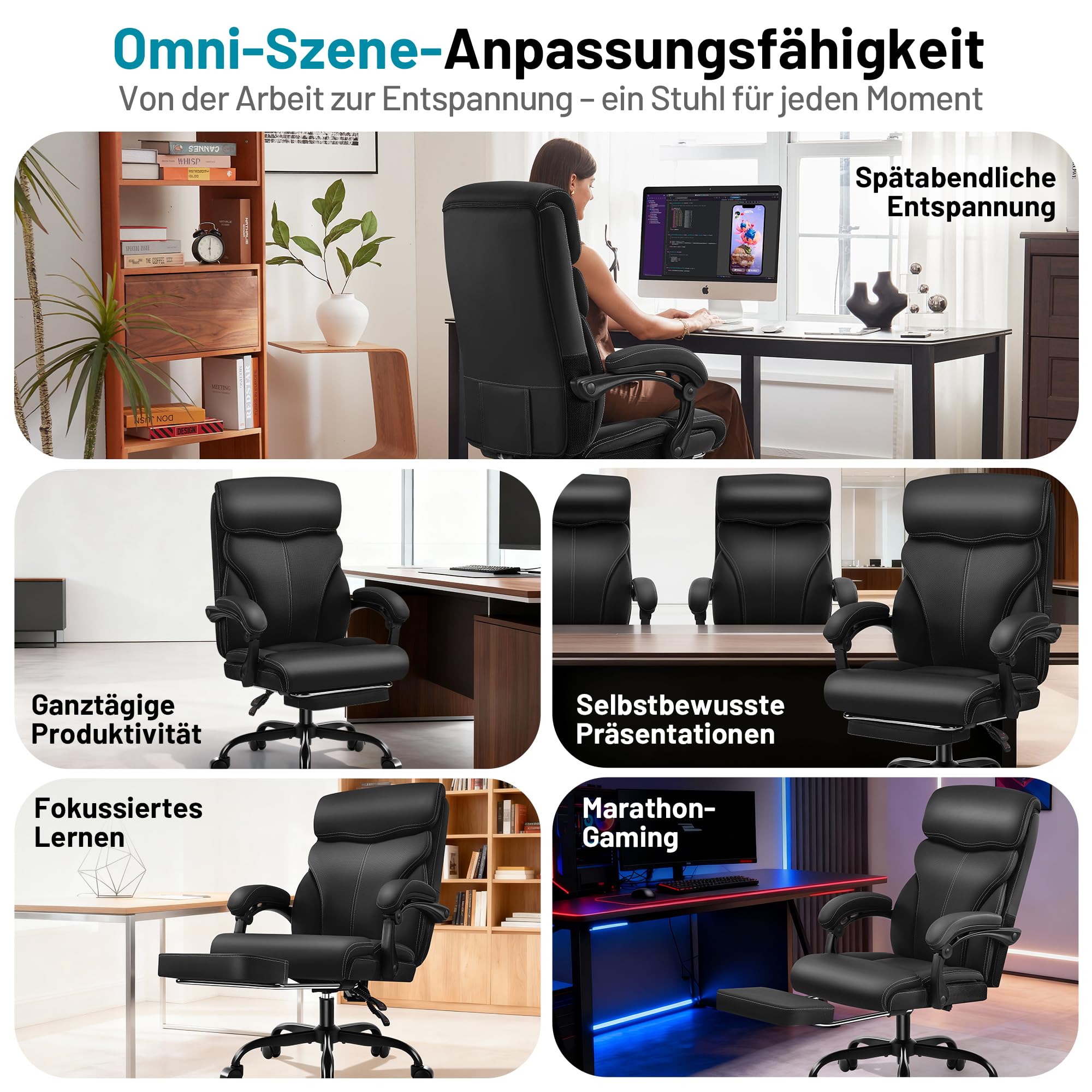 Ergonomischer Chefsessel mit Fußstütze bis 180 kg, Schwarz | Kunstlederbezug, verstellbare Armlehnen, hohe Rückenlehne, Liegefunktion, ideal für Büro & Homeoffice