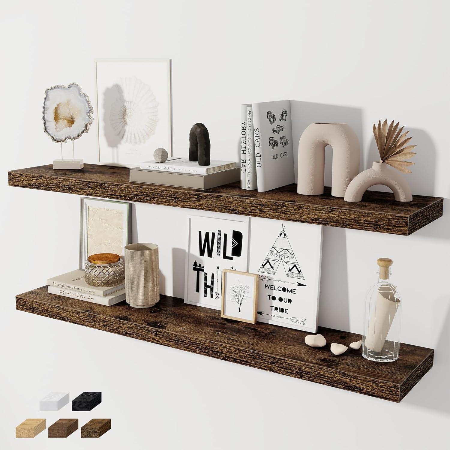 Fun Memories 48 Inch Floating Shelves for Wall 8 Inch Deep Rustic Brown Shelves Set of 2, Wall Mounted Rustic Wood Long Floating Shelf, Large Display & Storage Shelf with Invisible Brackets