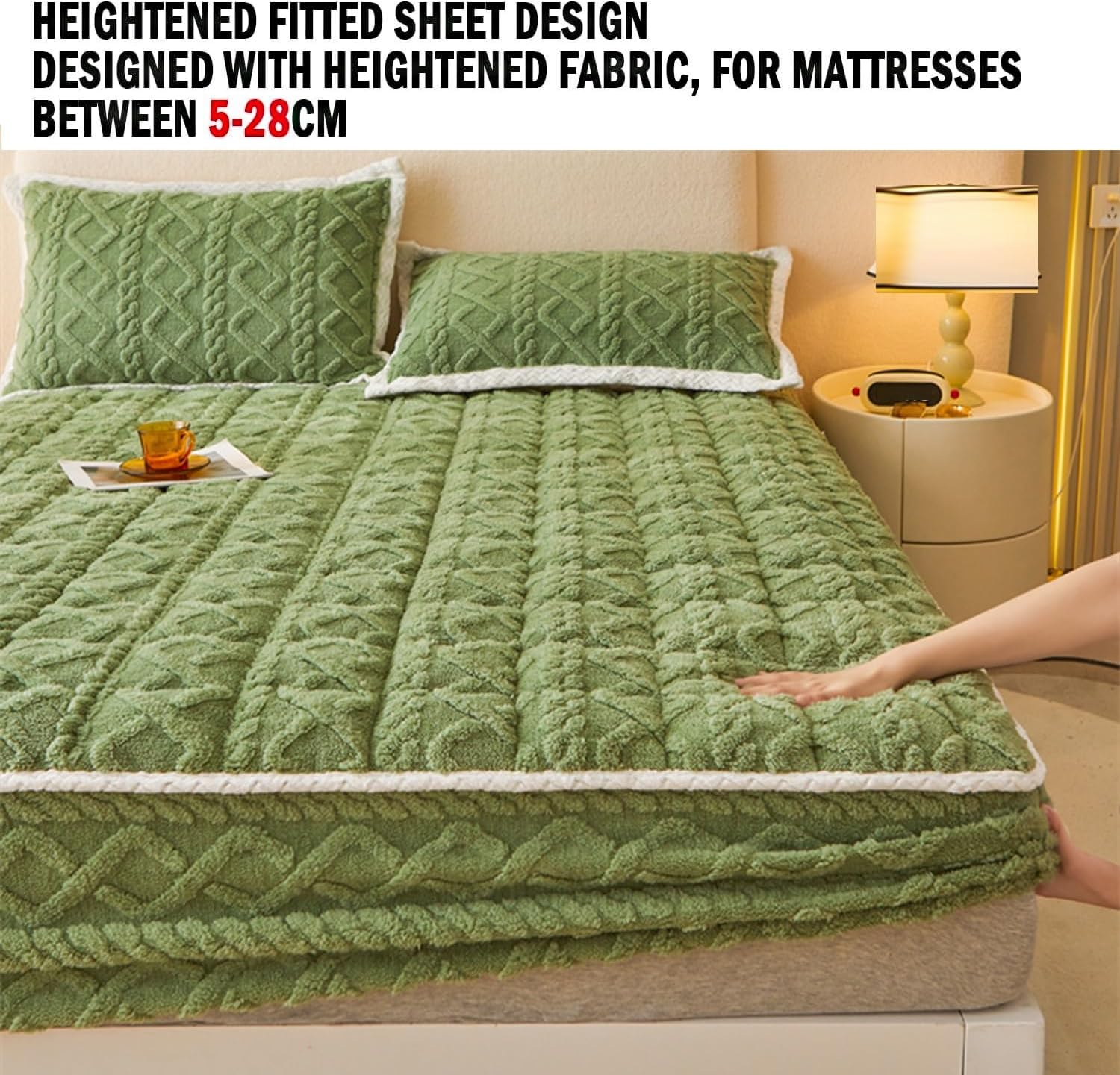 Elastic Bed Sheets Fitted Sheet (Only Cover), Warmth Flannel Bottom Sheet with Deep Pocket, Soft Breathable Protective Cover(Green,Twin XL)