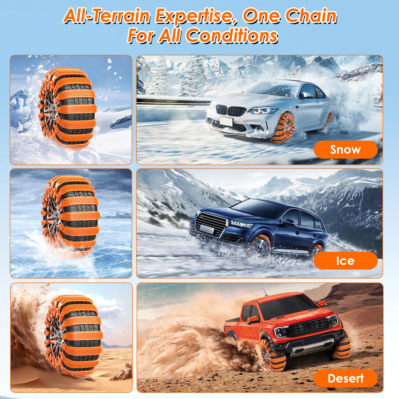 Cadenas de Nieve Automáticas Universal - Tipo de Chenille de Fijación Rápida para Neumáticos 165-255 - 10 Piezas Antideslizante de Emergencia para Vehículo, SUV, Camión