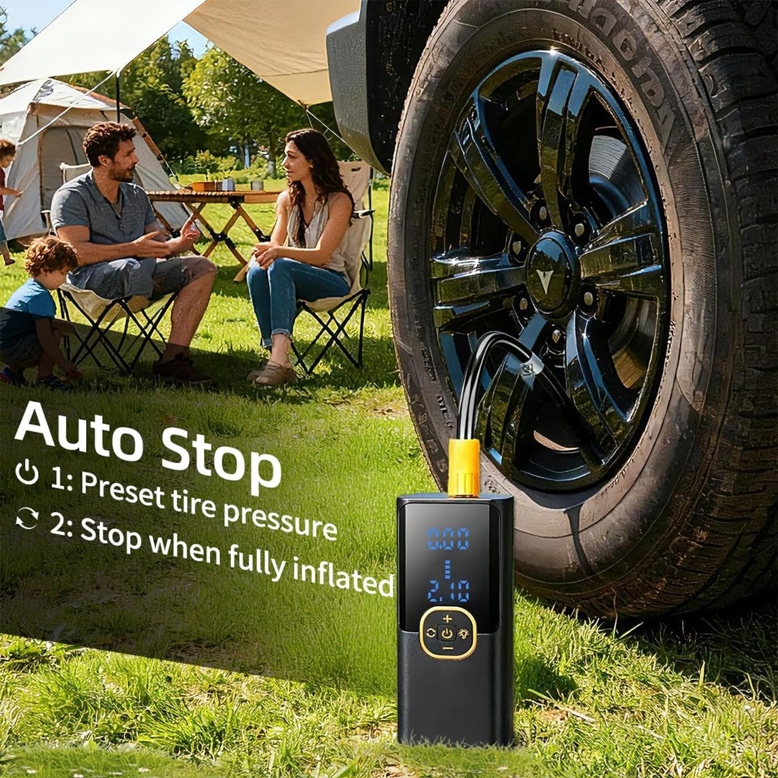 Compressore d'aria portatile, 150 psi, senza fili, con manometro digitale, luce LED, arresto automatico, mini compressore d'aria per pneumatici auto, moto, bici, palloni, gonfiabili