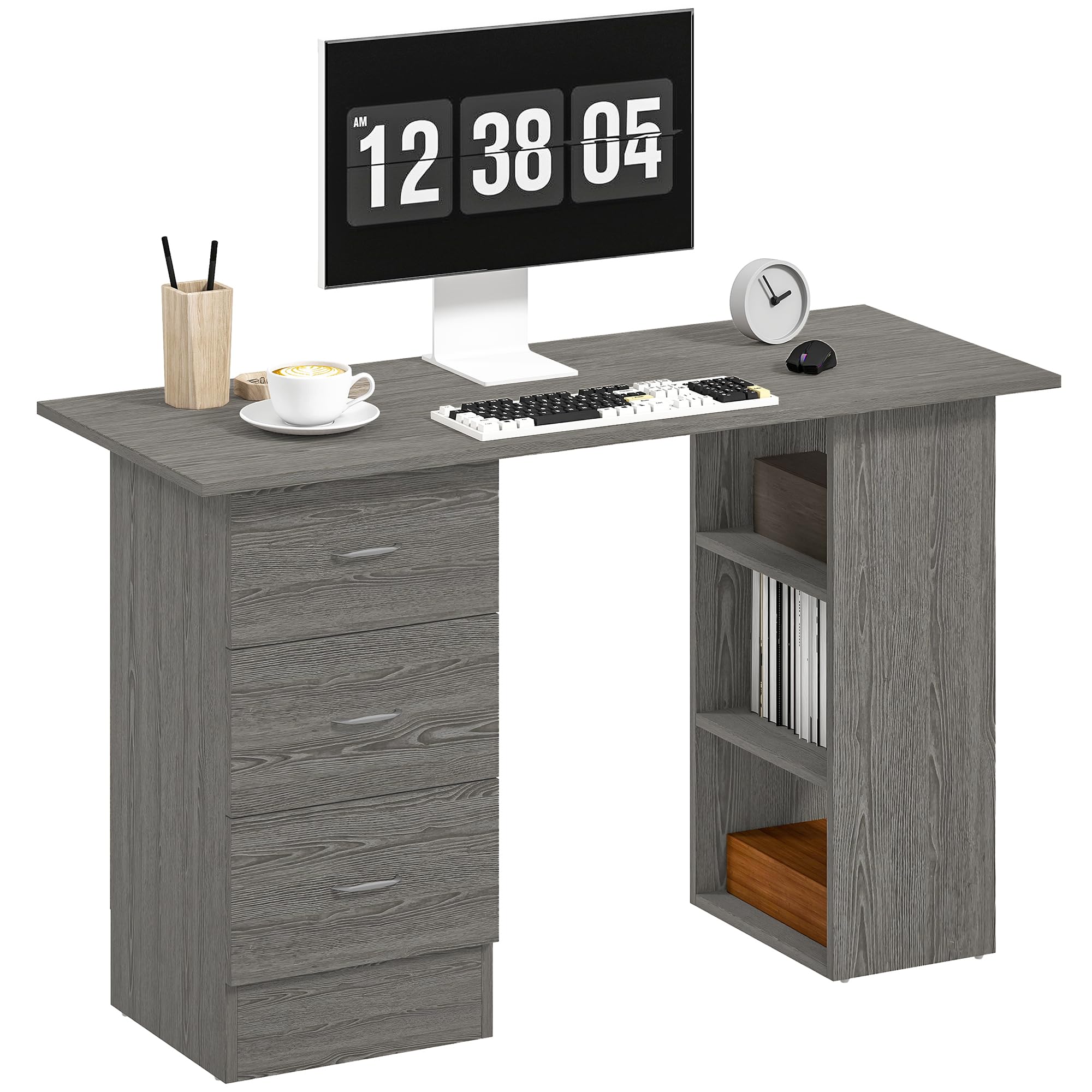 Homcom Grey 120Cm Computer Desk, Study Table With 3 Shelf & Drawers In
