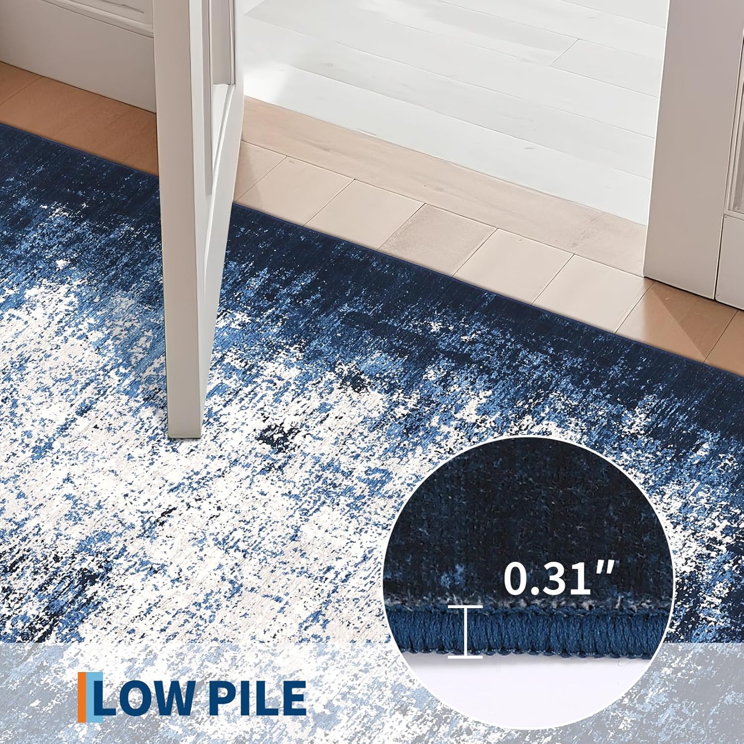 GarveeHome Machine Washable Runner Rugs 2x6 Non-Shedding Abstract Hallway Rug with Non-Slip Backing, Foldable Contemporary Low Pile Floor Cover for Bedroom, Laundry, Blue