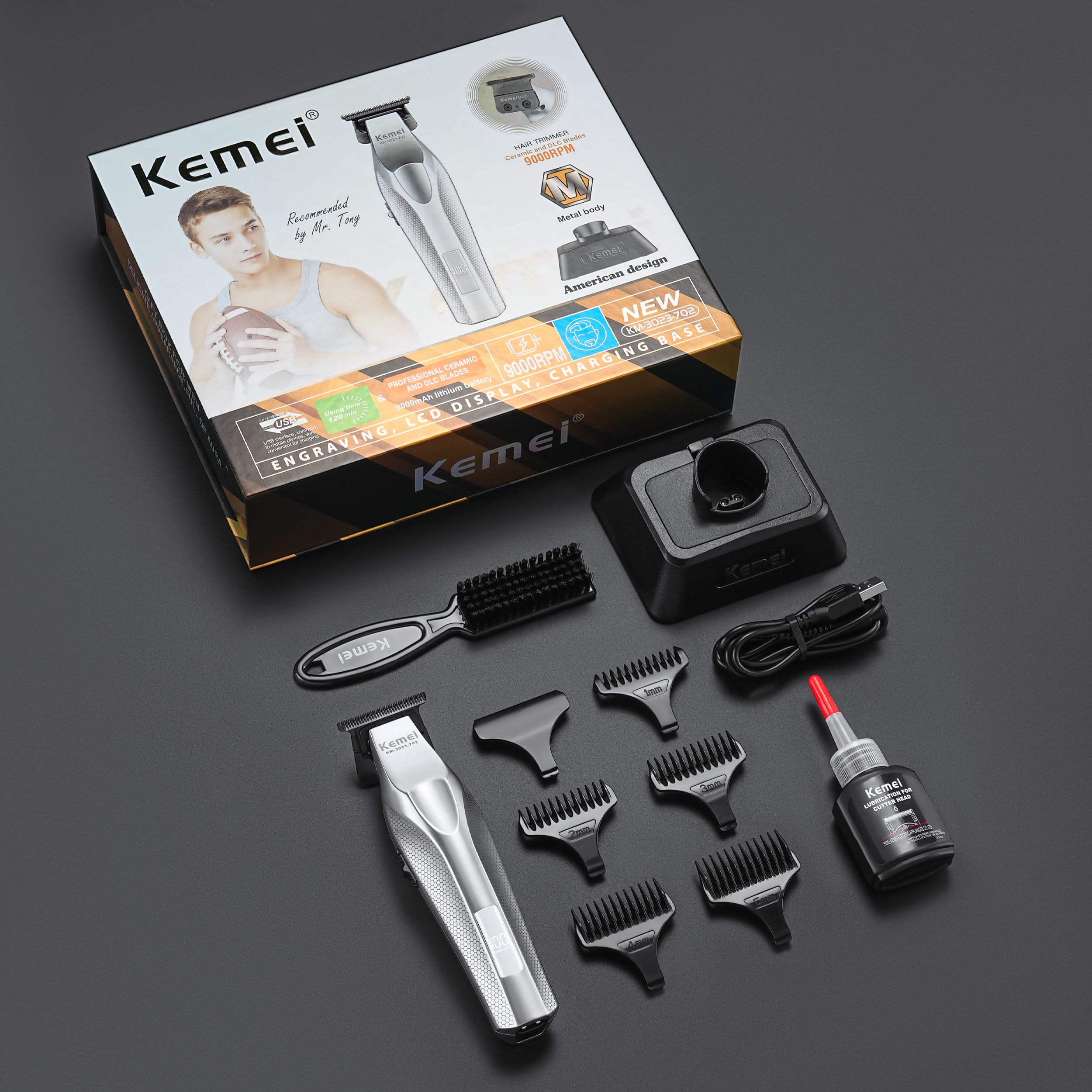KEMEI 3023-702 Maquina de Cortar Pelo Hombre, 9000 RPM Cortapelos Hombre | Zero Gapped para Barberos,Con Cuerpo de Metal Completo, Cortapelos Profesional con Pantalla LED, Cuchillas de Cerámica y DLC