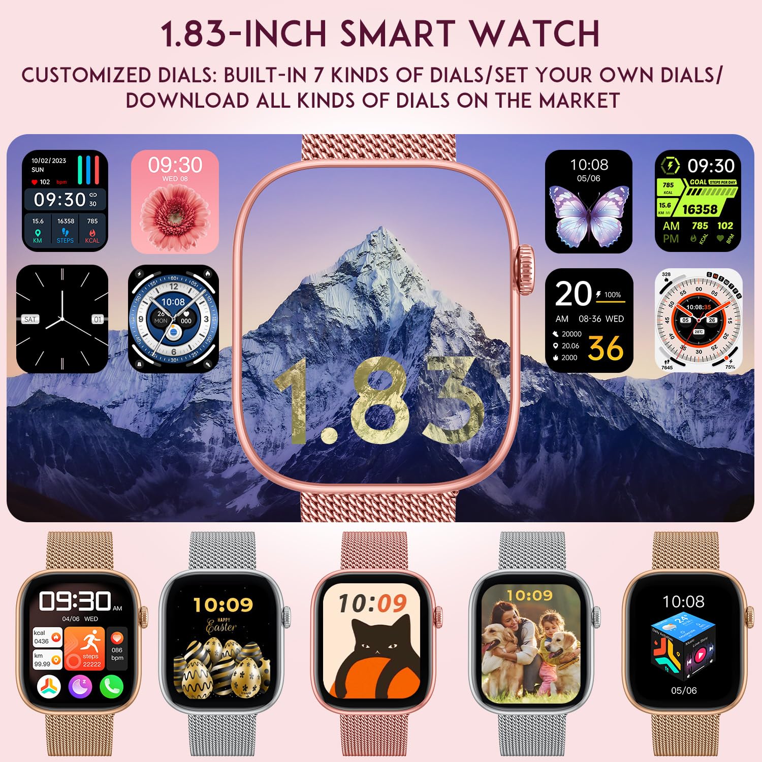 Montre Connectée Femme Smartwatch Fitness: 1.83" Sport Smart Watch avec Appel Bluetooth 20+ Sport Mode Podometre Moniteur de Sante Fréquence Cardiaque Montres Intelligente Compatible iOS et Andriod