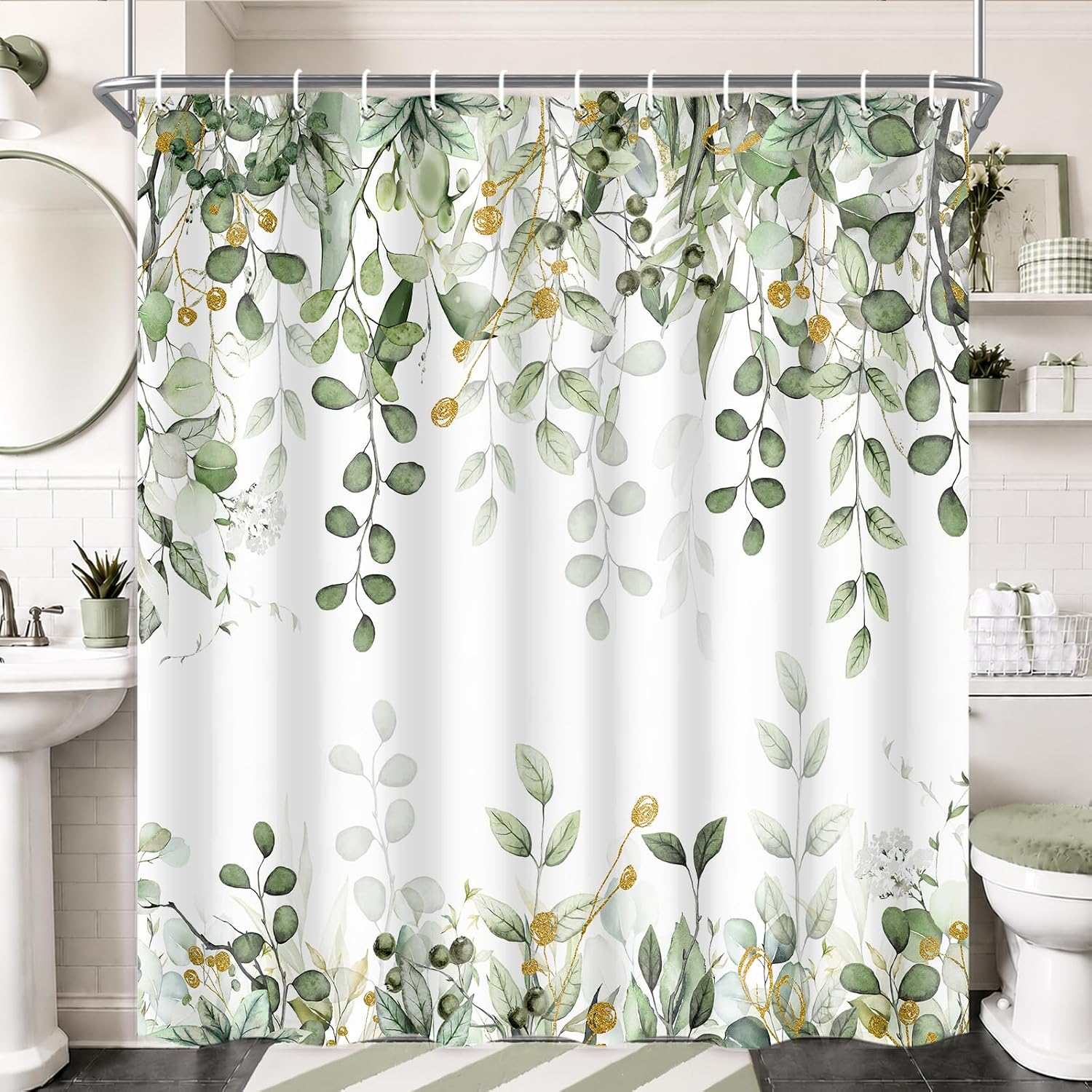 Sage Green Eucalyptus Leaves Shower Curtain, Watercolor Plants Foliage Floral Bathroom Curtains, Cottagecore Waterproof Botanical Fabric Cloth Shower Curtain Set with Hooks 72X72 Inch