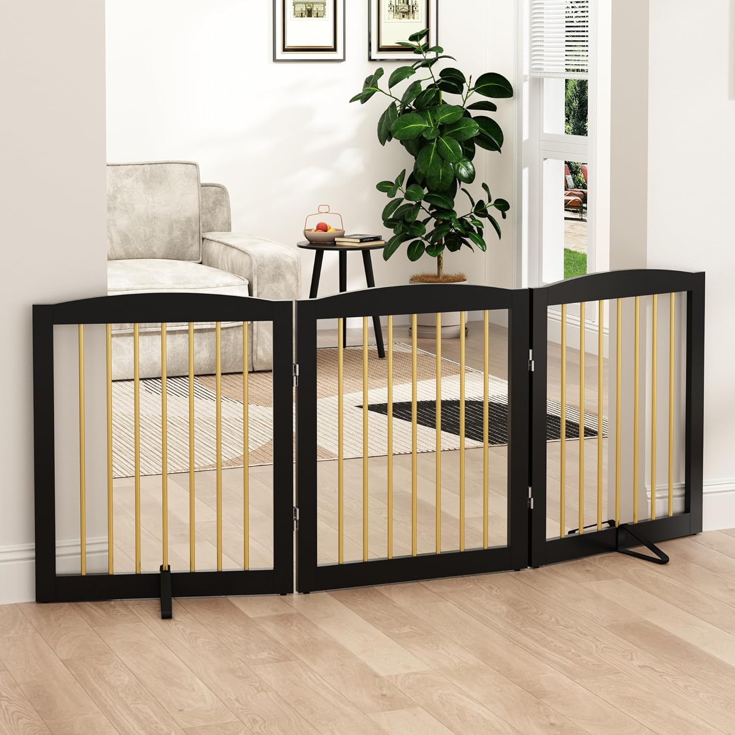 Freestanding Pet Gate for Dogs, Foldable Wooden Dog Gate for House, Indoor Dog Gate for Doorways, Stairs, Step Over Pet Puppy Safety Fence, Support Feet Included,24" Height 3 Panels,Black&Gold 24" Height-3 Panel Black & Gold