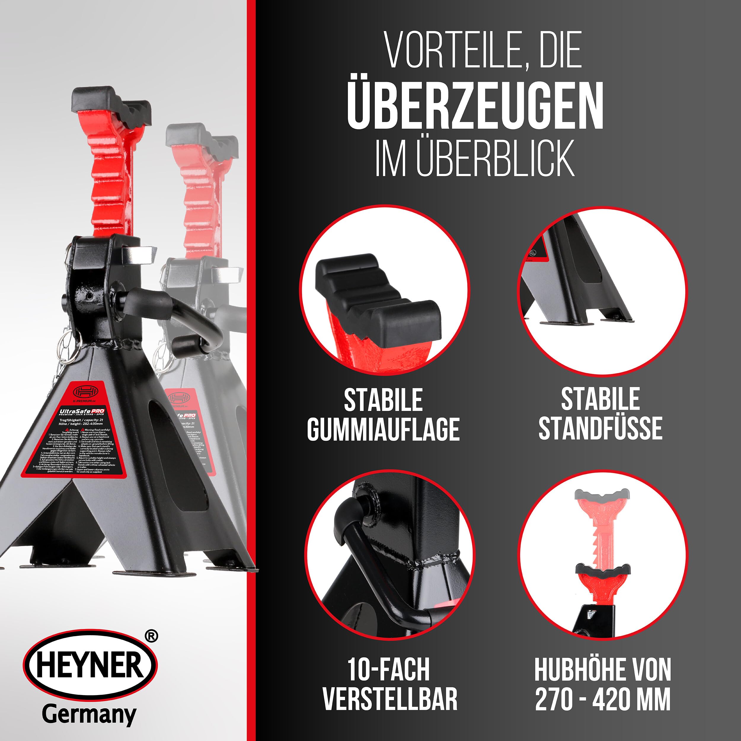 HEYNER® Unterstellbock 2er Set mit Gummiauflage Hubhöhe 282-430 mm TÜV/EAW-Zertifiziert Traglast 2t Stützbock Stützfuß 10-Fach Höhenverstellbar
