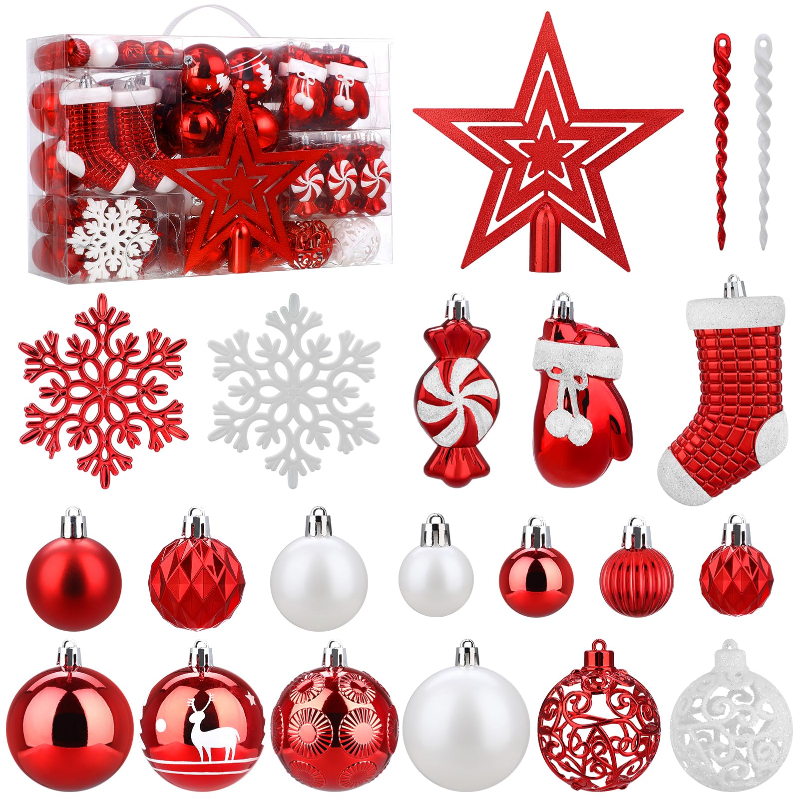 SOLEDI 128 Pieces Christmas Tree Decorations, Christmas Baubles Ornaments Reusable Shatterproof Balls for Xmas Hanging Pendants Festival Party Decor - Shiny, Matte, Glitter Decorated Baubles, Red