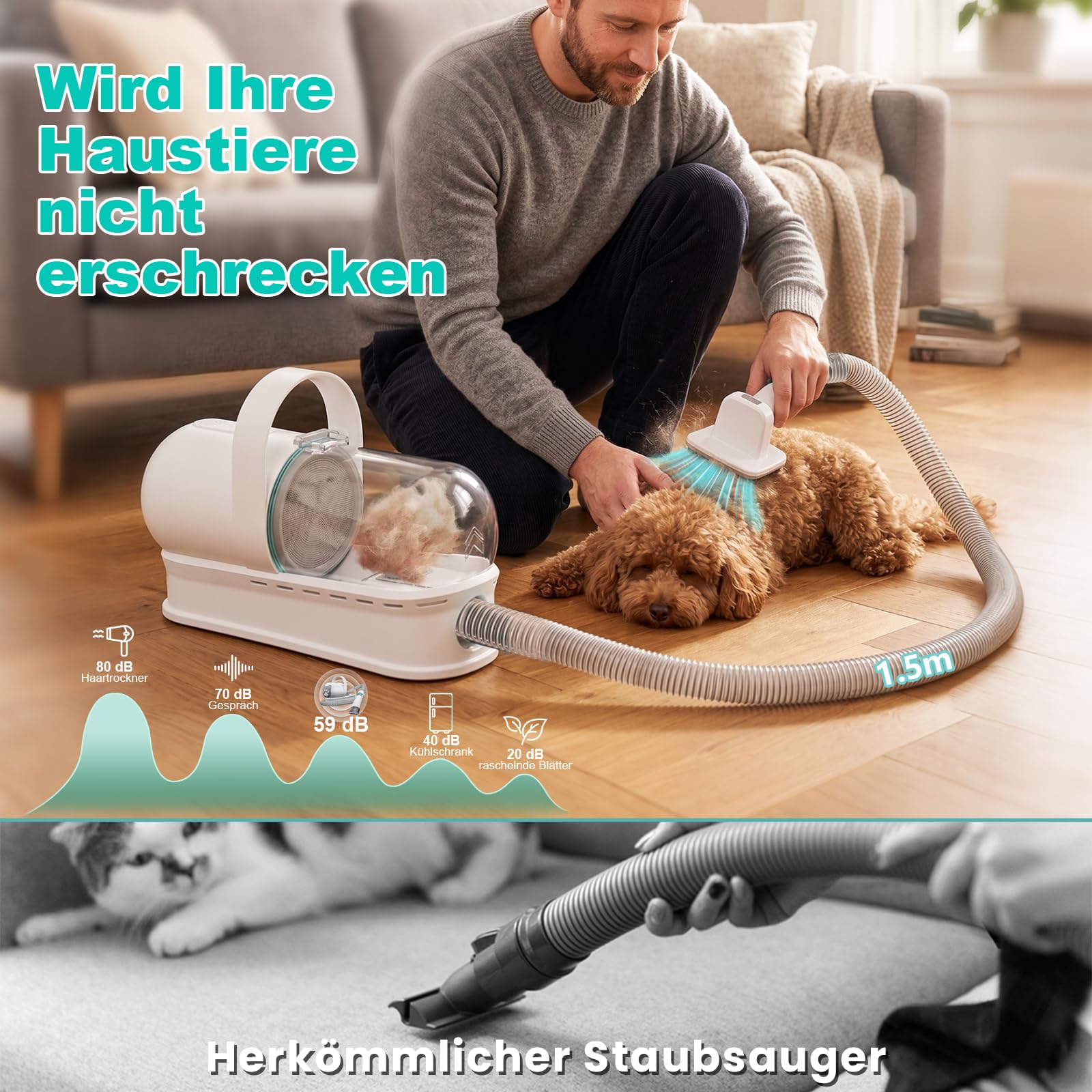 Hundeschermaschine mit Staubsauger, 13000 Pa Super Saugkraft & 99,99% Tierhaar-Aufnahme, Leise Haustierpflegeset mit 7 Pflegewerkzeugen für Hunde und Katzen