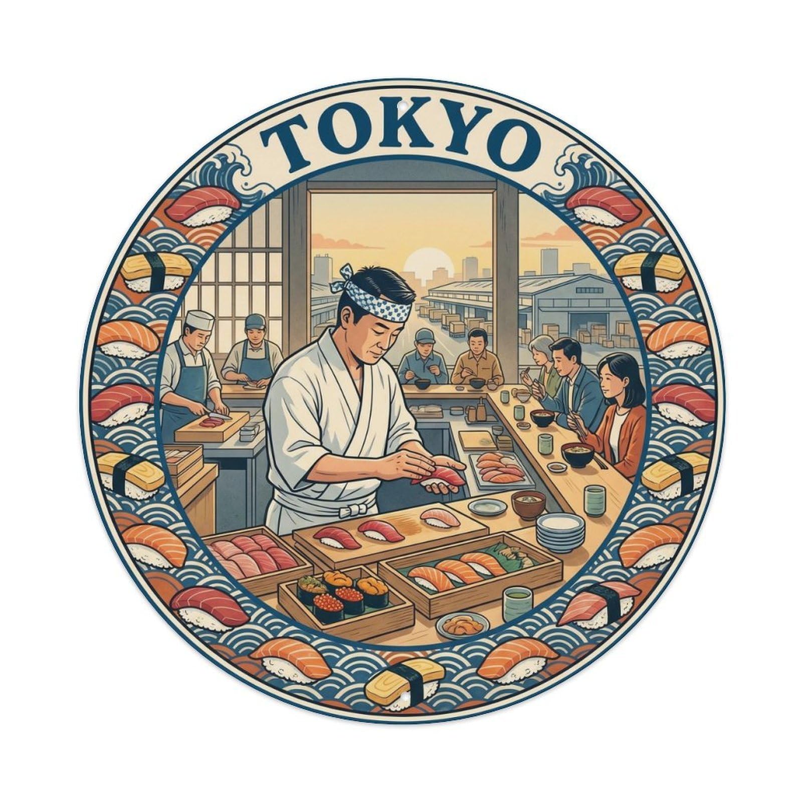 Olyhtr 8X8inch Classic Style Tokyo Toyosu Market Sushi Breakfast Counter Seafood Metal Tin Sign