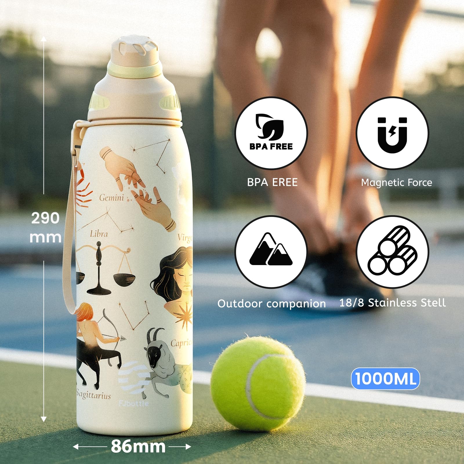 Fjbottle Edelstahl-Wasserflasche, 1 l, mit Magnetdeckel, BPA-frei, Sport-Metall-Wasserflasche, auslaufsicher, isolierte Flasche für Fitnessstudio, Arbeit, Reisen