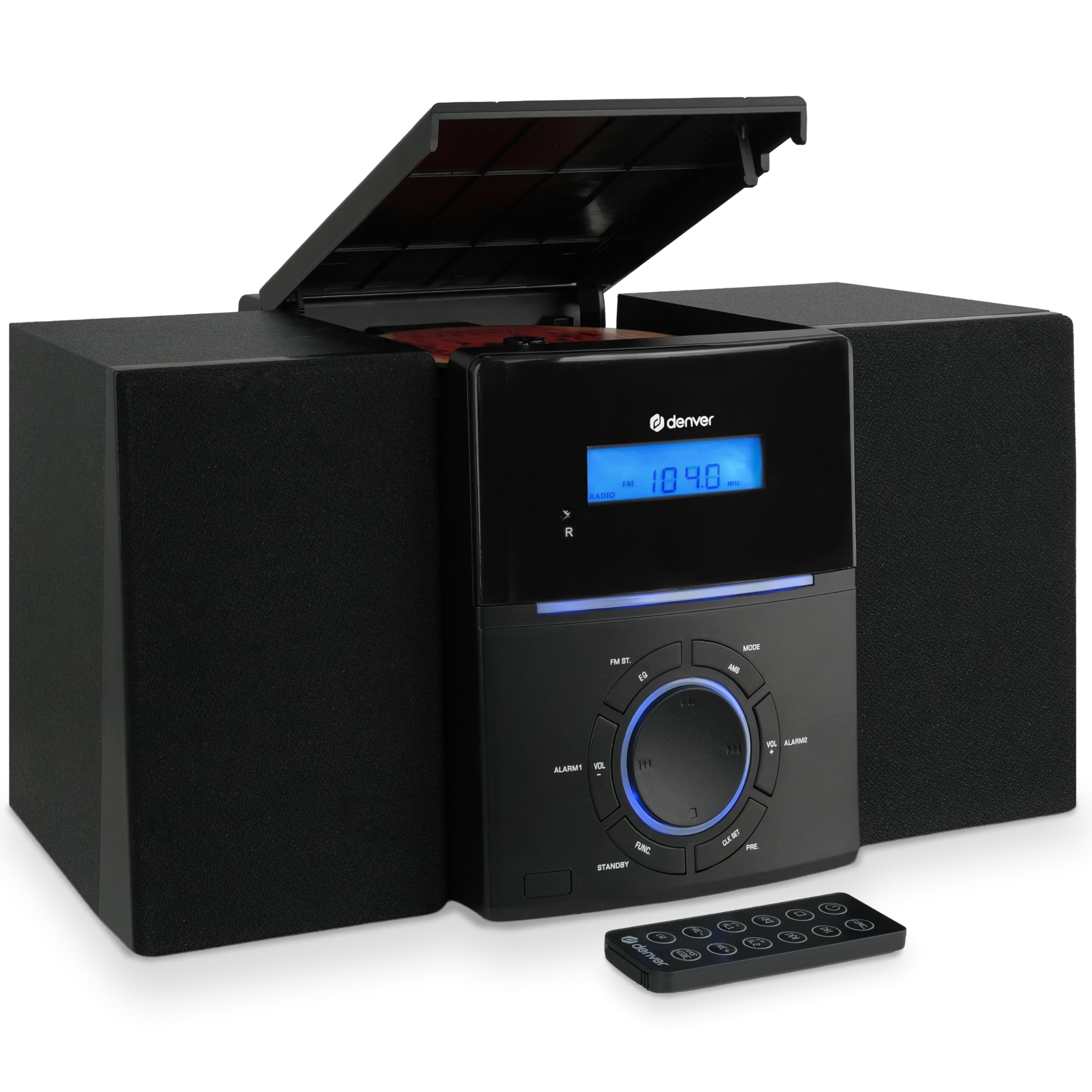 Denver MCA-240 Micro HiFi System – odtwarzacz CD, radio FM, złącze AUX – funkcja podwójnego alarmu i pilot zdalnego sterowania – kompaktowy system stereo z CD | moc 2 x 20 W