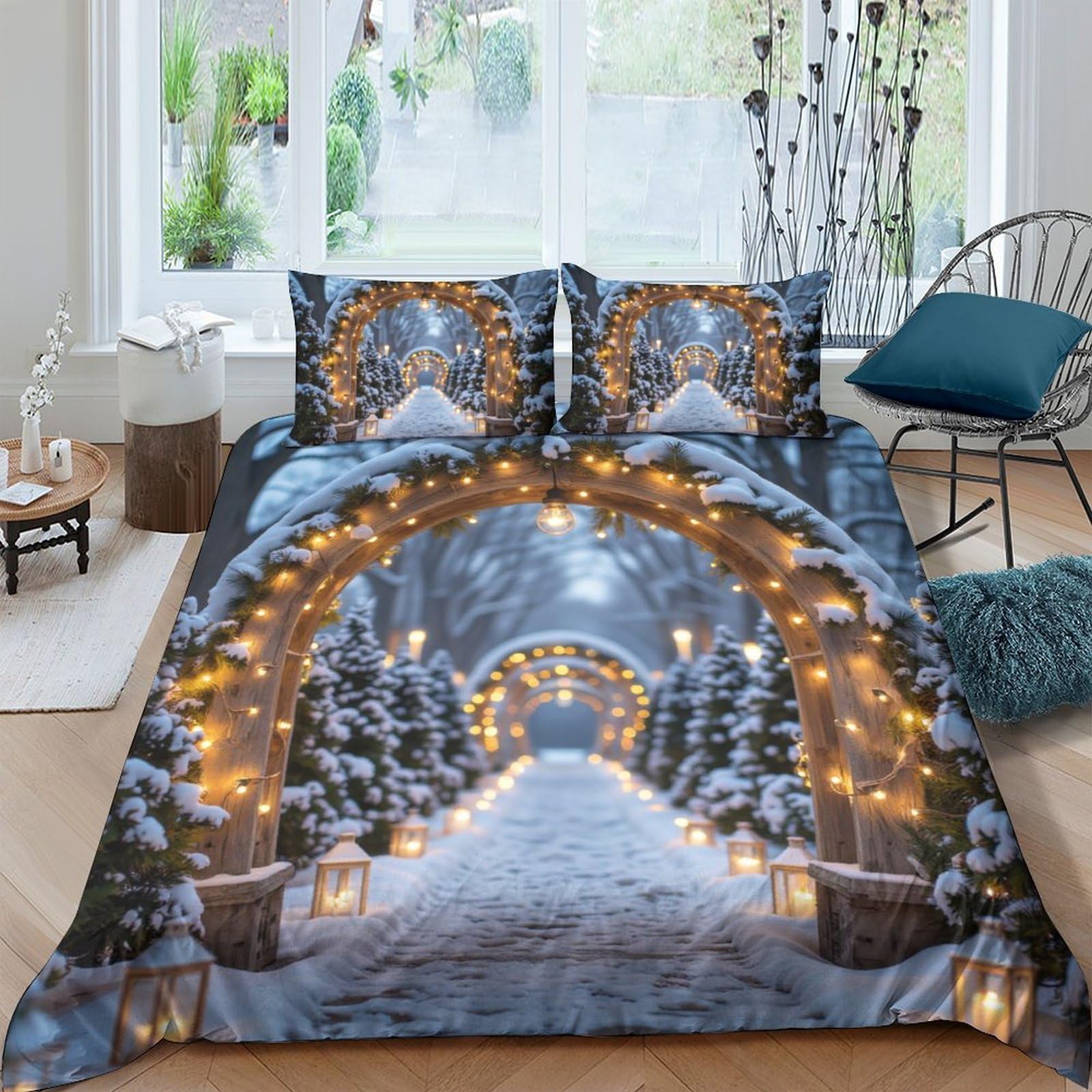 TUFRTGYHN 3D Printed Winter Night Archway Duvet Cover Microfiber Soft Breathable Snow Forest Bedding Set with 2 Pillowcases for Bedroom Decor Single（135x200cm）