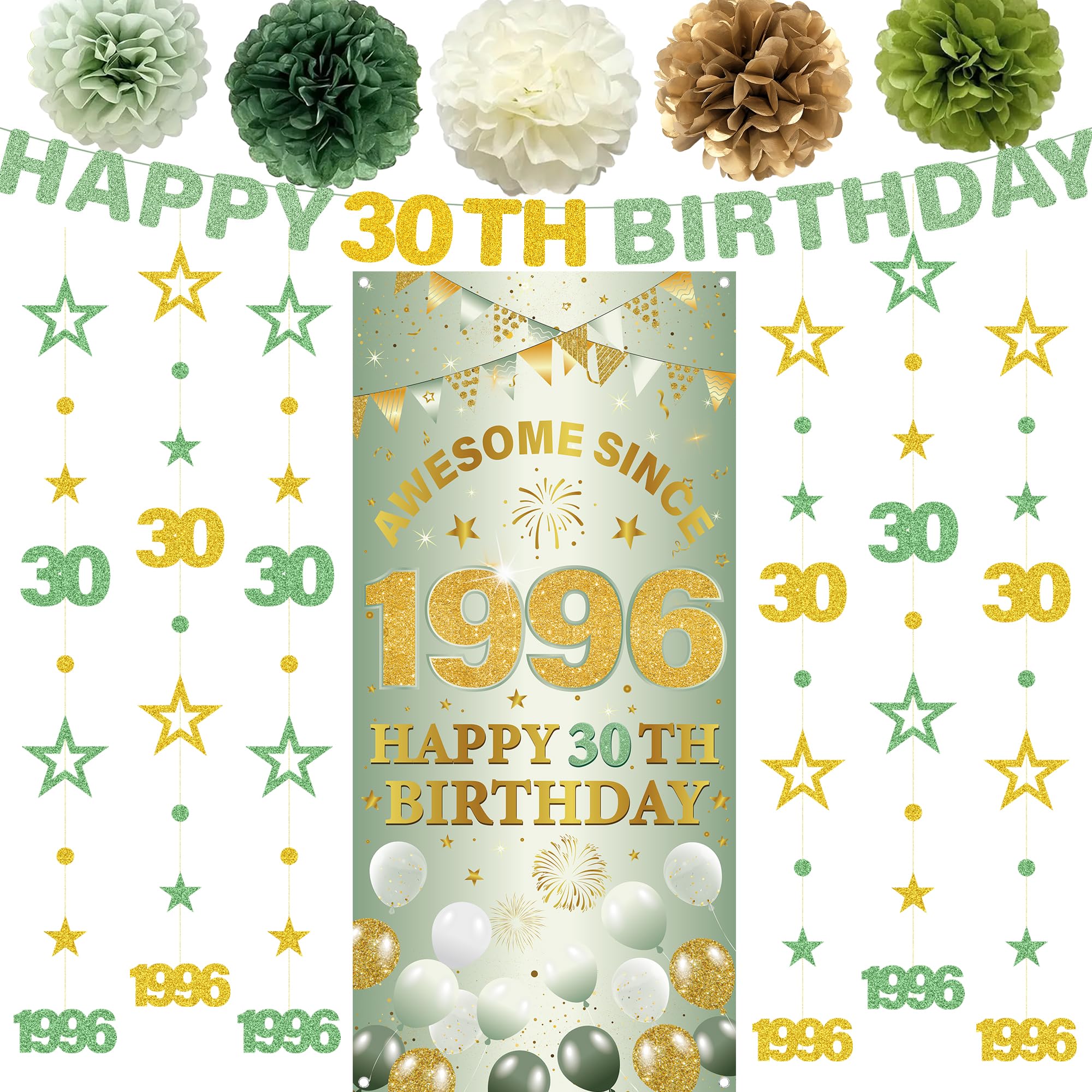 30th Birthday Decorations Women Men - 13 Pcs Green Gold Awesome Since 1996 Banners Number 30 Circle Dot Twinkle Star Garland Pompoms for Thirty Happy Bday Party Supplies Decor