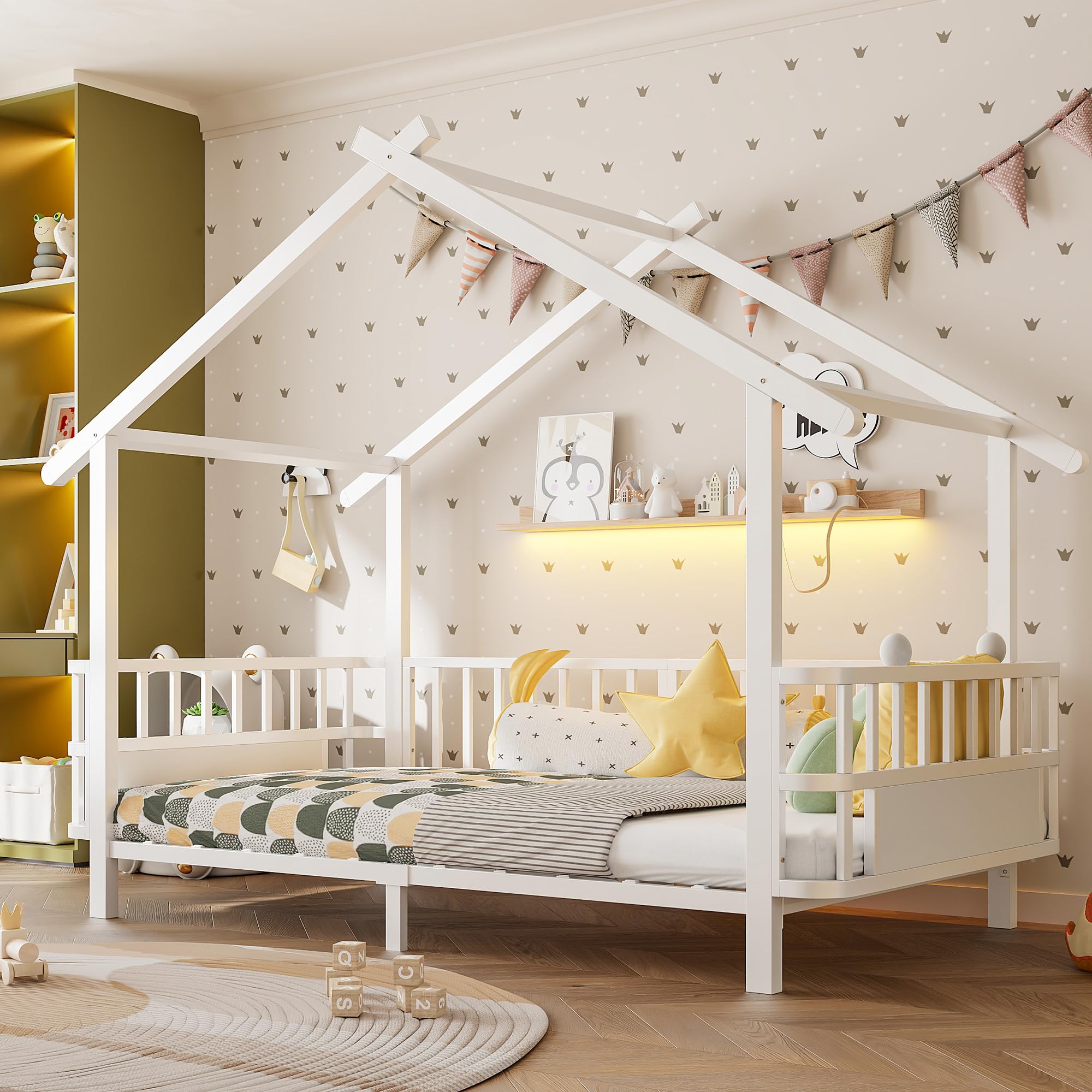 Merax Kinderbett aus Metall in Hausform 90x200 cm mit Sicherheitsgitter & Dachdesign – Weiß (Ohne Matratze)