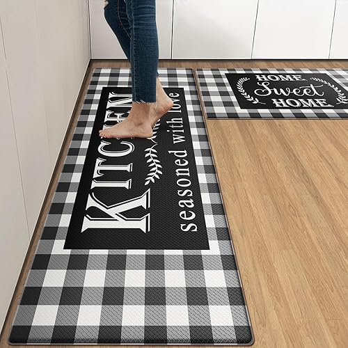 Arttown Juego de 2 tapetes de cocina antifatiga y color blanco y negro con diseño de búfalo, acolchados, resistentes al agua, antideslizante, tapete