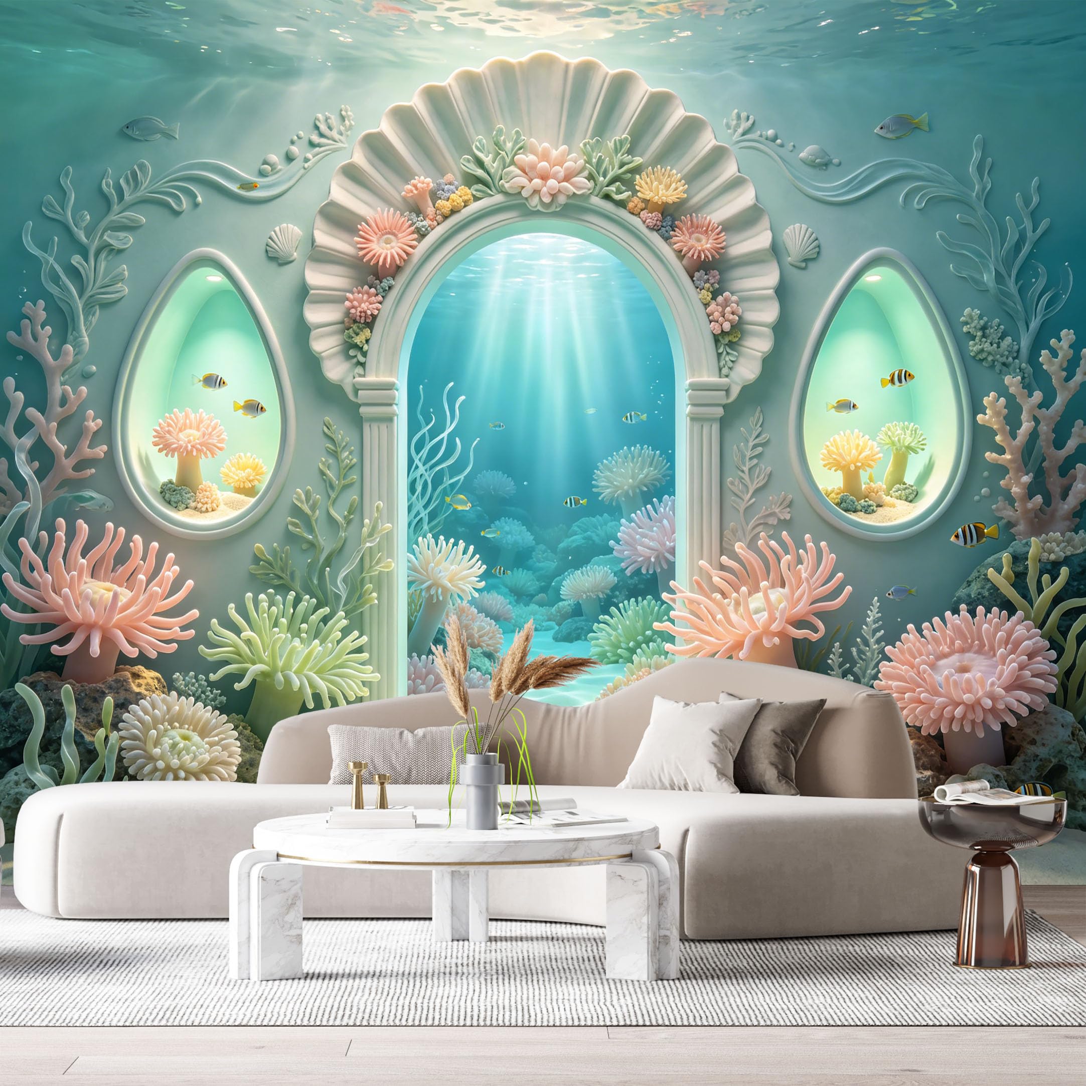 Custom Size Wall Murals Ocean Marine Underwater Palace Seashell Arch Coral 3D Trompe L'Oeil SelfAdhesiveWall Fabric Removable Wallpaper Wall Decor for Living Room Bedroom Bathroom