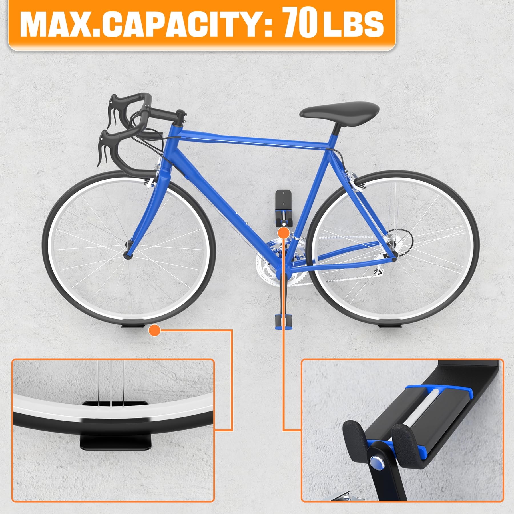 TORACK Wall-mounted Bike Pedal Hanger, Heavy Duty Garage Wall Horizontal Bike Rack, Bike Display Stand for Wall, Holds Up to 70LBS(Pack of 2)