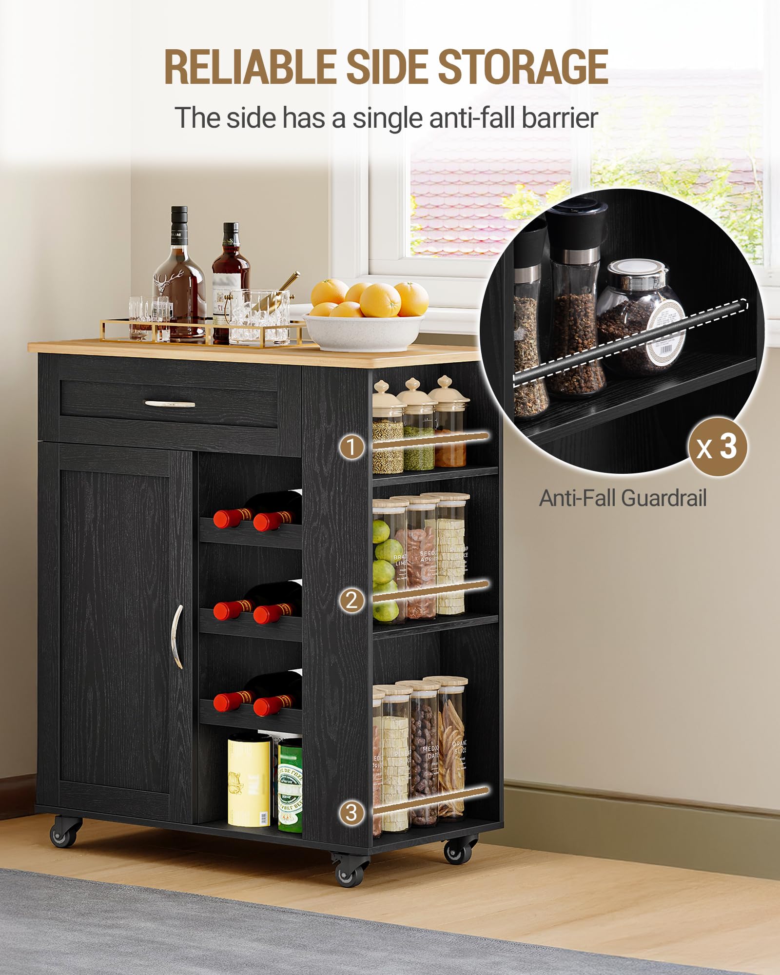 Hzuaneri Servierwagen, Küchenwagen mit Rädern, Weinregal, Kücheninsel, Kochinsel, Küchenregal stehend Möbel, Rollwagen, für Küche, Wohnzimmer und Esszimmer, 68 × 86 × 40 cm, Schwarz ST03004B