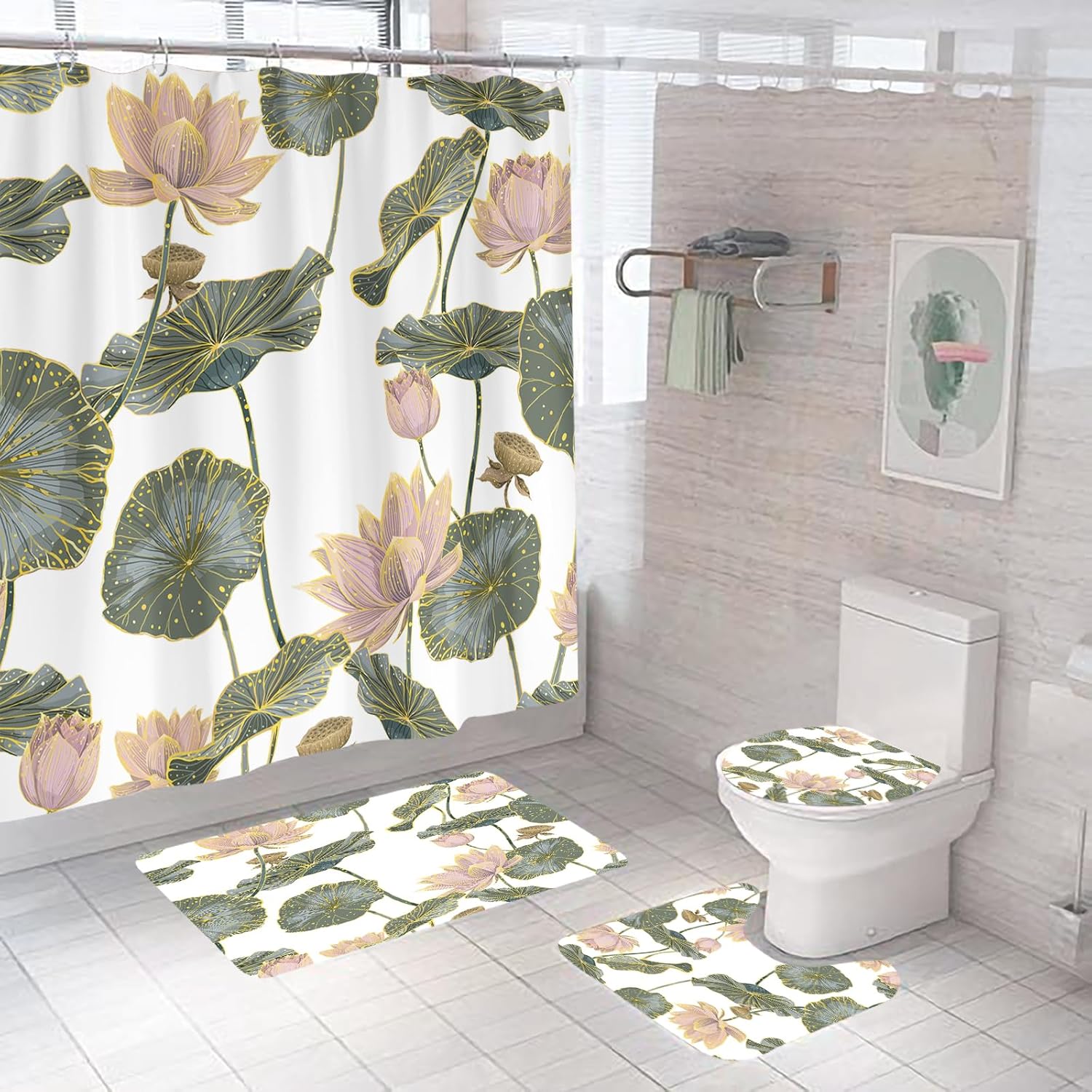 Bathroom Shower Curtains 4 Sets, Waterproof Fabric Bathroom Curtain with 12 Hooks, Toilet Lid Cover and Bath Mat, Non-Slip Rug Foot Mat, Lotus Flower, Large