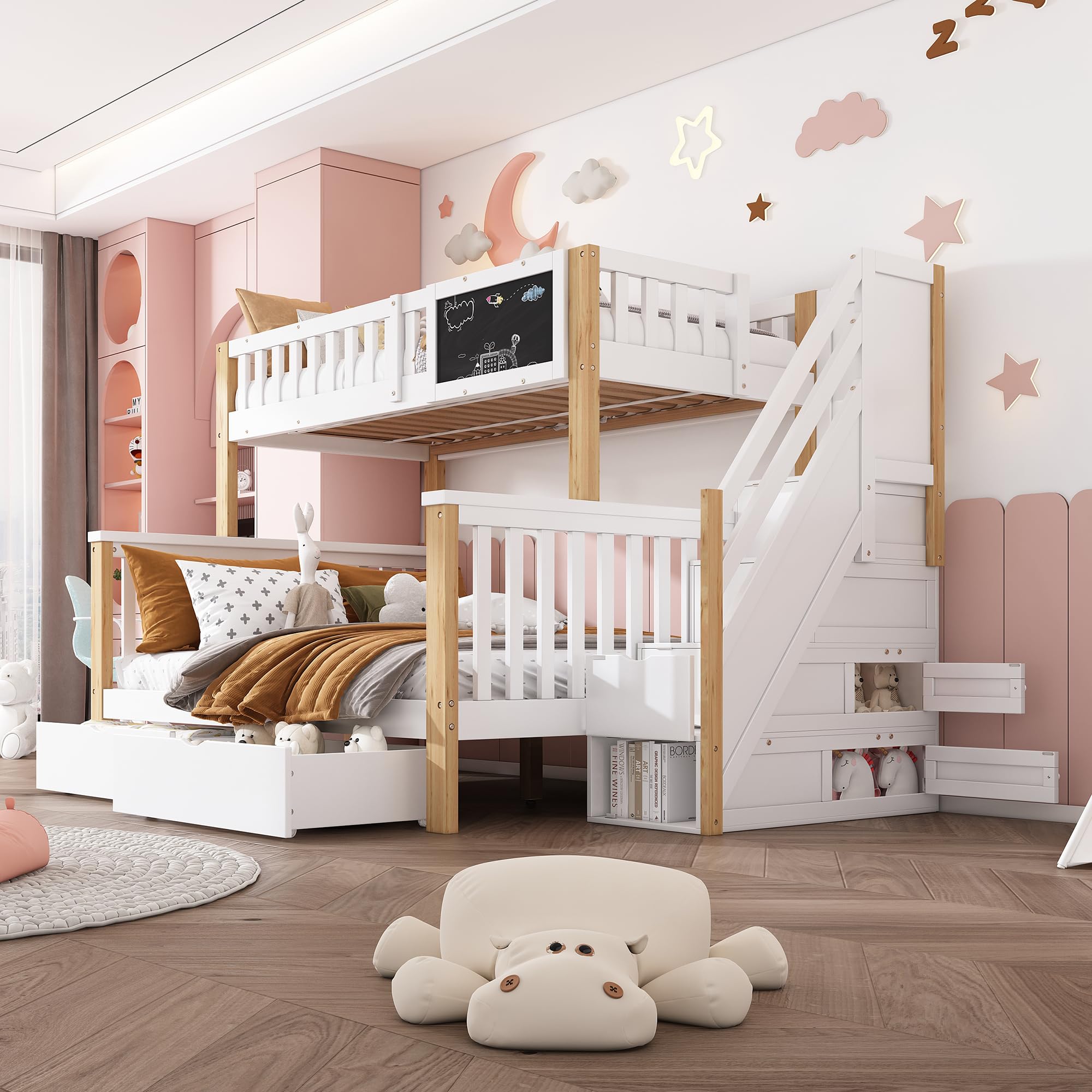 Stapelbed voor kinderen, 90 x 200 cm, met kledingkast, hoogslaper voor 2 personen, met bureau, kinderbed, meisjes, met barrière, tussenverdieping, trapopslag, hout, wit