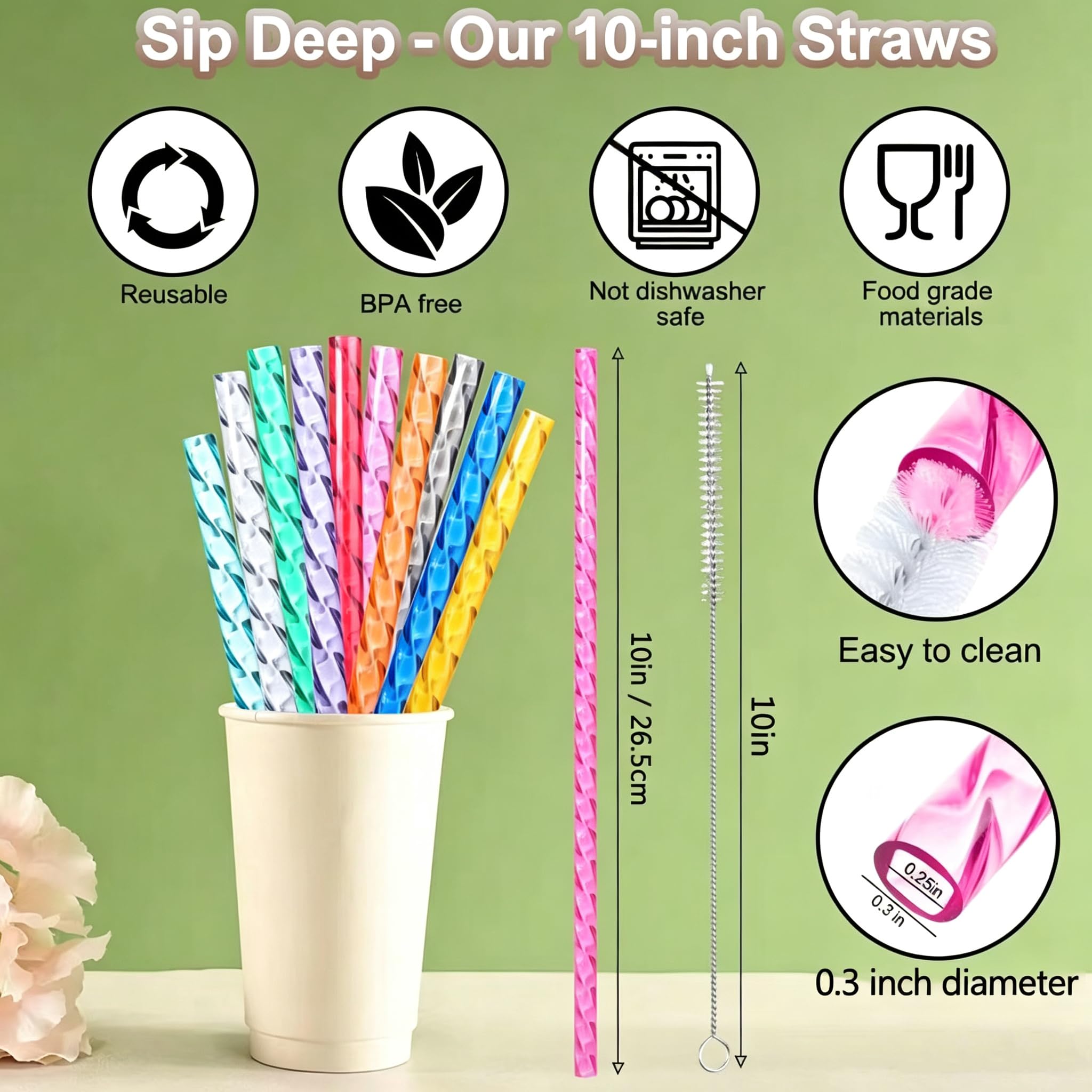 50 wiederverwendbare Hartplastik-Trinkhalme mit Spiraltextur, inklusive Glasbecher und Reiniger, 9-12 Zoll ästhetische Trinkhalme für Tumbler Cocktails Shakes robust BPA-frei,50 Straws and 1 Water Cup