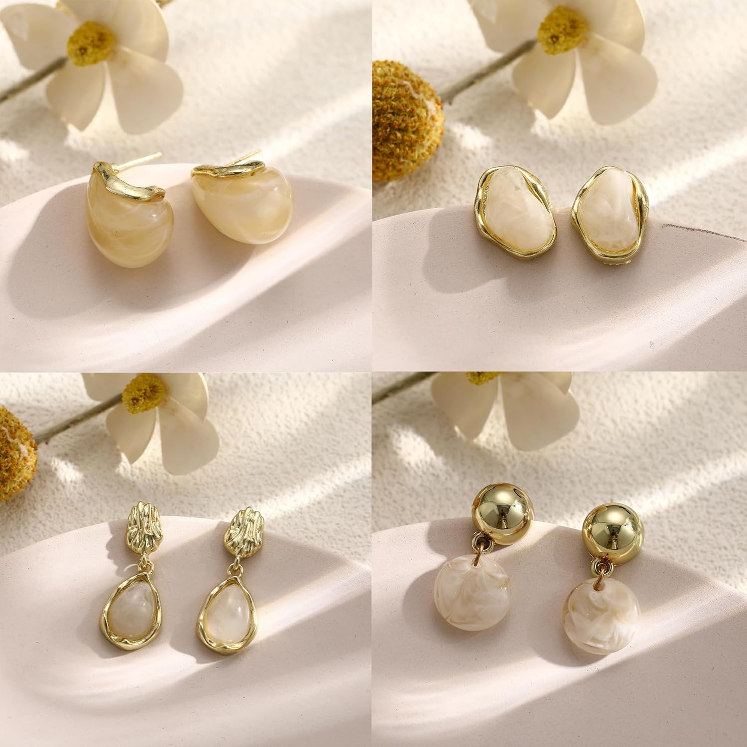 Gold Acrylic Teardrop Earrings Set for Women, 14K Gold Plated Brown Resin Tiger Eye Stud Earrings, Open Drop Chunky Hoops Translucent Hypoallergenic Vintage Fashion Jewelry Gifts - Image 5