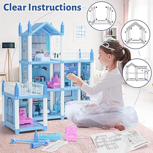 Miniatura 5 de Casa de muñecas para niñas de 2, 3, 4, 5, 6, 7, 8 años de edad, casa de muñecas de 3 pisos y 6 habitaciones con 4 muñecas, accesorios de luz,