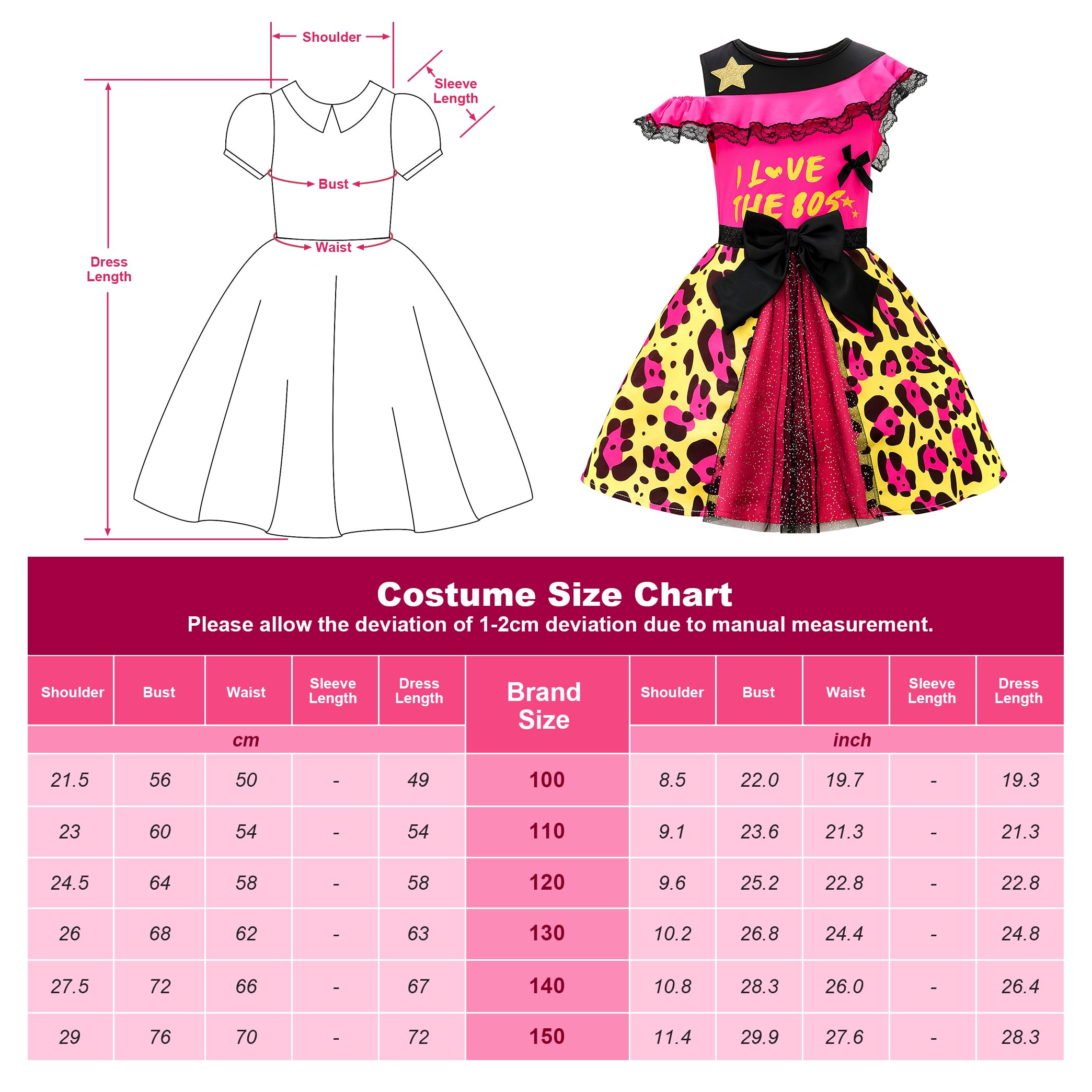 ReliBeauty Costume Anni ‘80 Bambini Vestito Anni ‘80 Bambina 3-12 Anni Carnevale Festa