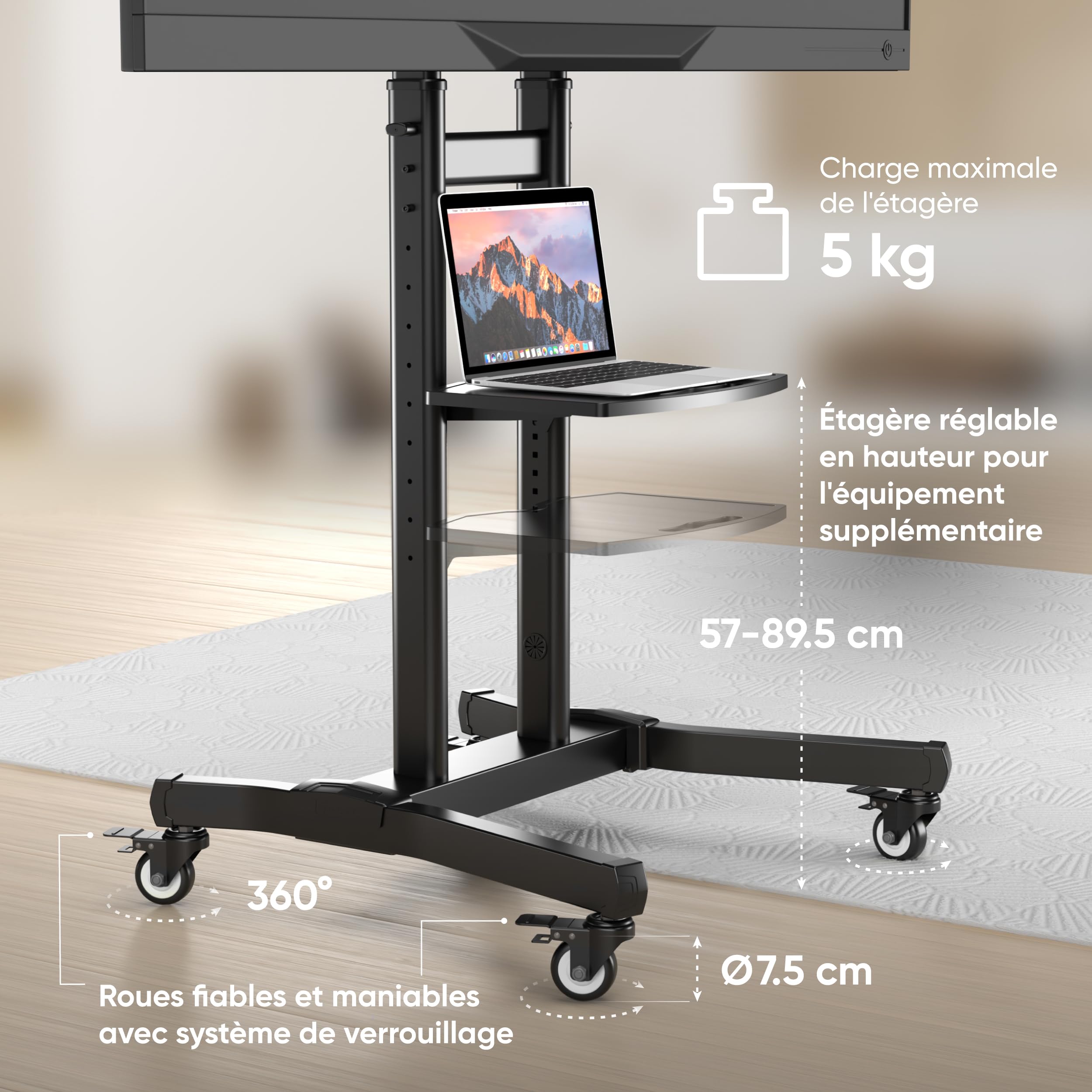 ONKRON Support TV roulettes 50" - 90", 90 kg, Max VESA 800x600, TS1891-B | Support TV mobile, inclinaison ±5°, hauteur réglable, roues sécurisées, tablettes, présentations, réunions et classes, noir