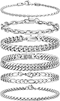 XIANNVXI 6PCS Stainless Steel Cuban Link Rope Paperclip Bracelets Set for Men Women - Silver Gold Black, 6.5-9 Inch Sizes