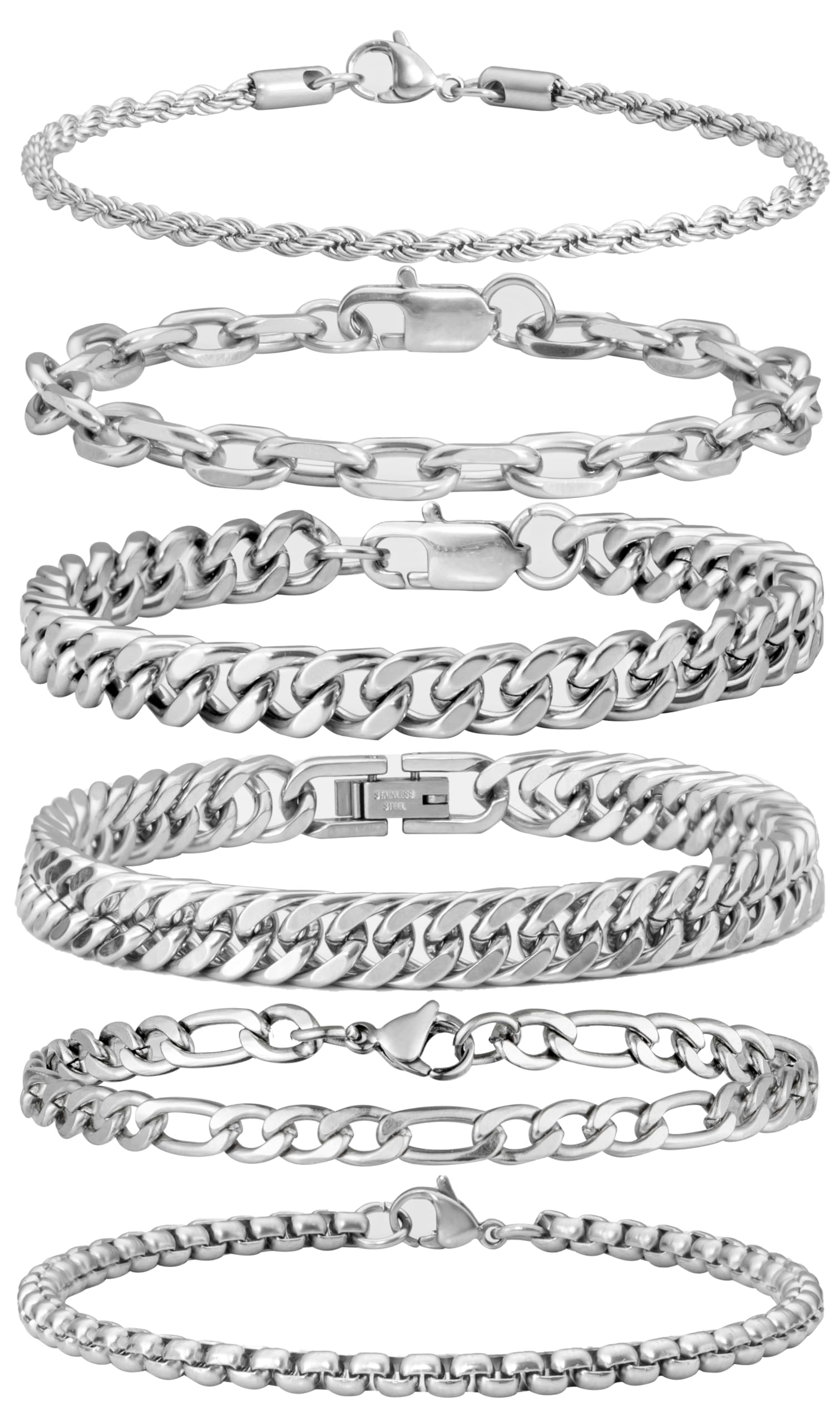 XIANNVXI 6 Pcs Stainless Steel Bracelets for Men Women Cuban Link Bracelet Rope Paperclip Chain Bracelets Set 7.5/8.3/9 Inches Mens Metal Bracelets