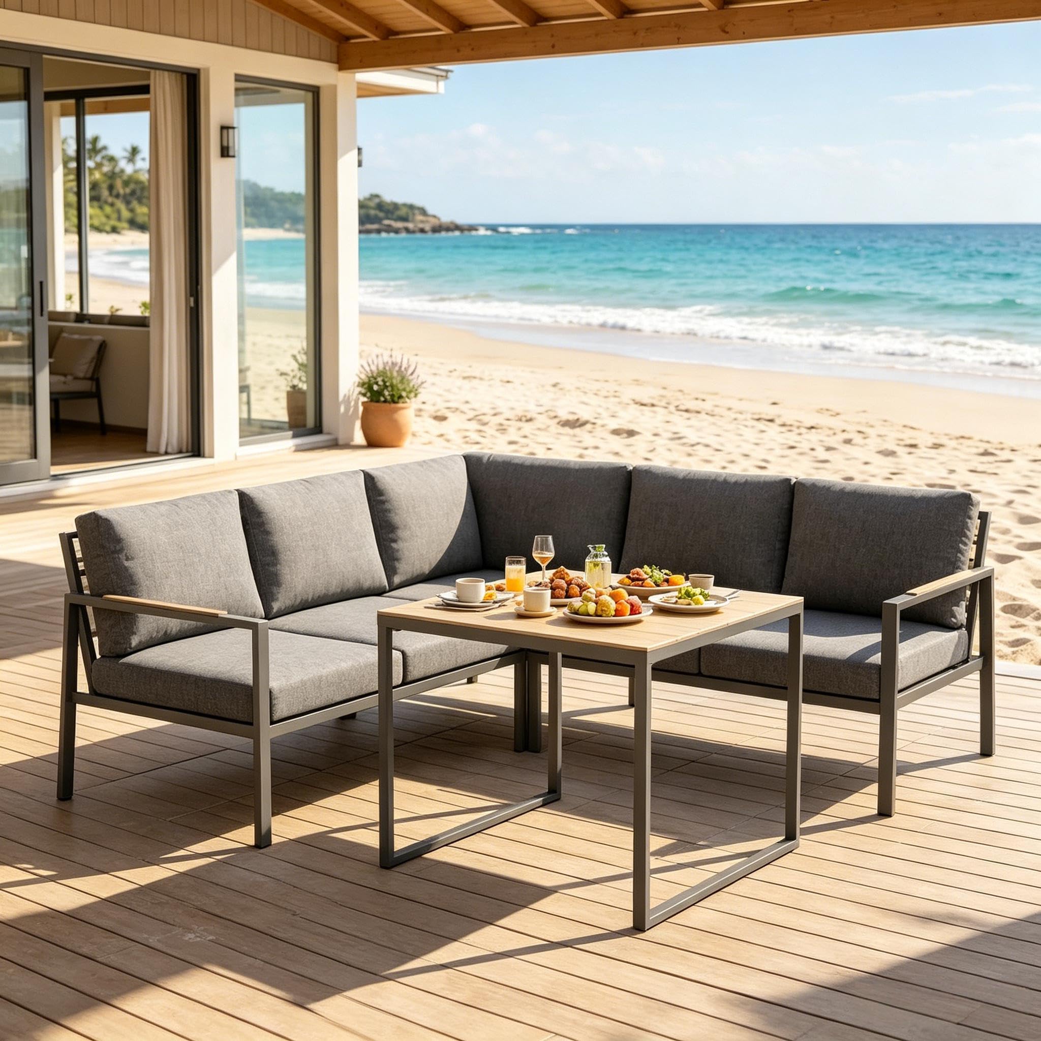 Gartenlounge Set Outdoor Ecksofa L-Form 5 Sitzer mit Glastisch, Wetterfestes Lounge Möbel Set aus Metall mit Polsterkissen, Modulares Gartensofa für Terrasse Balkon Garten, Dunkelgrau
