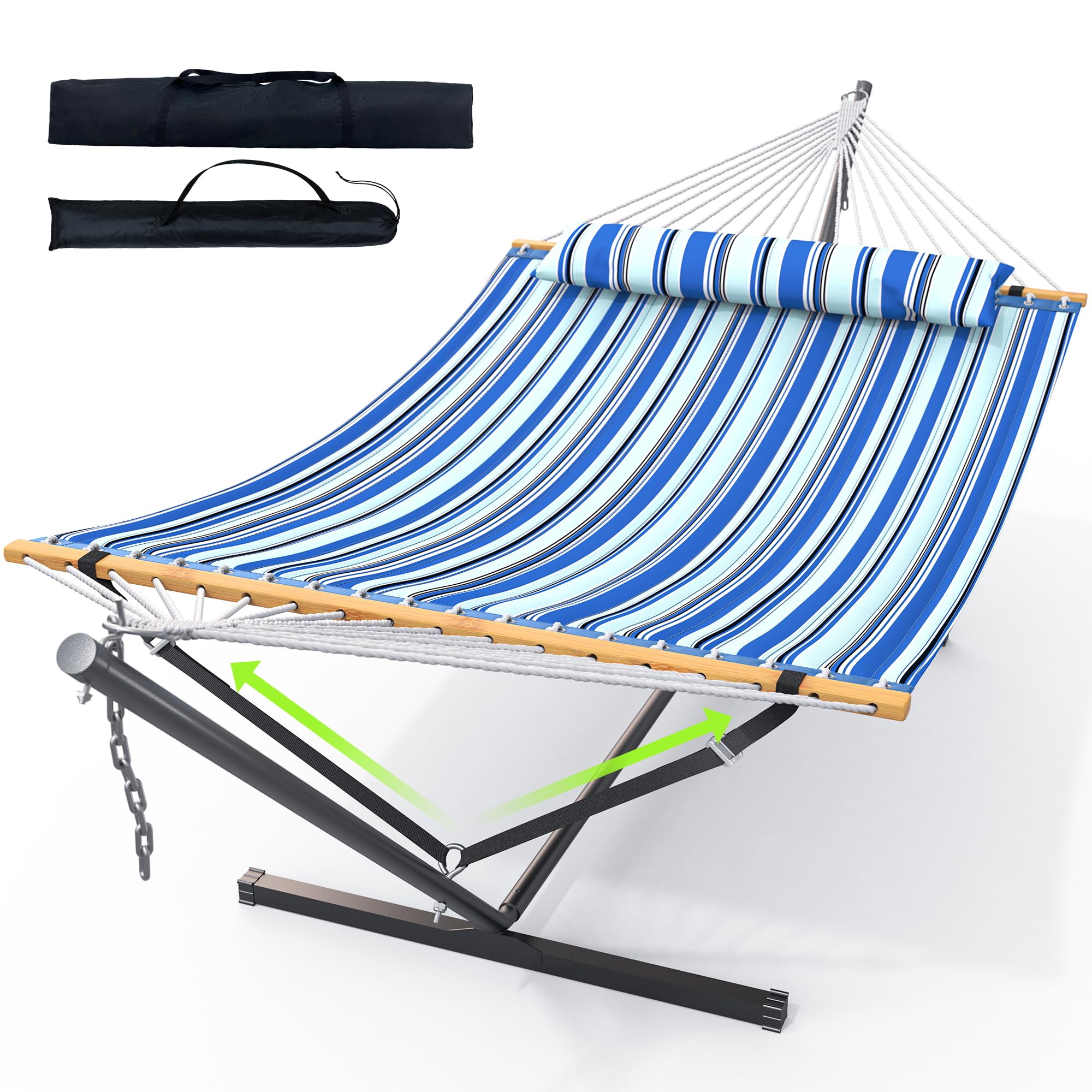 ANAGOO Double Hammock with Stand – Heavy Duty Portable Hammock for 2 Adults, Adjustable Steel Frame, Indoor/Outdoor Use – Garden, Patio, Beach, Backyard – Includes Carrying Bag – Blue-Z