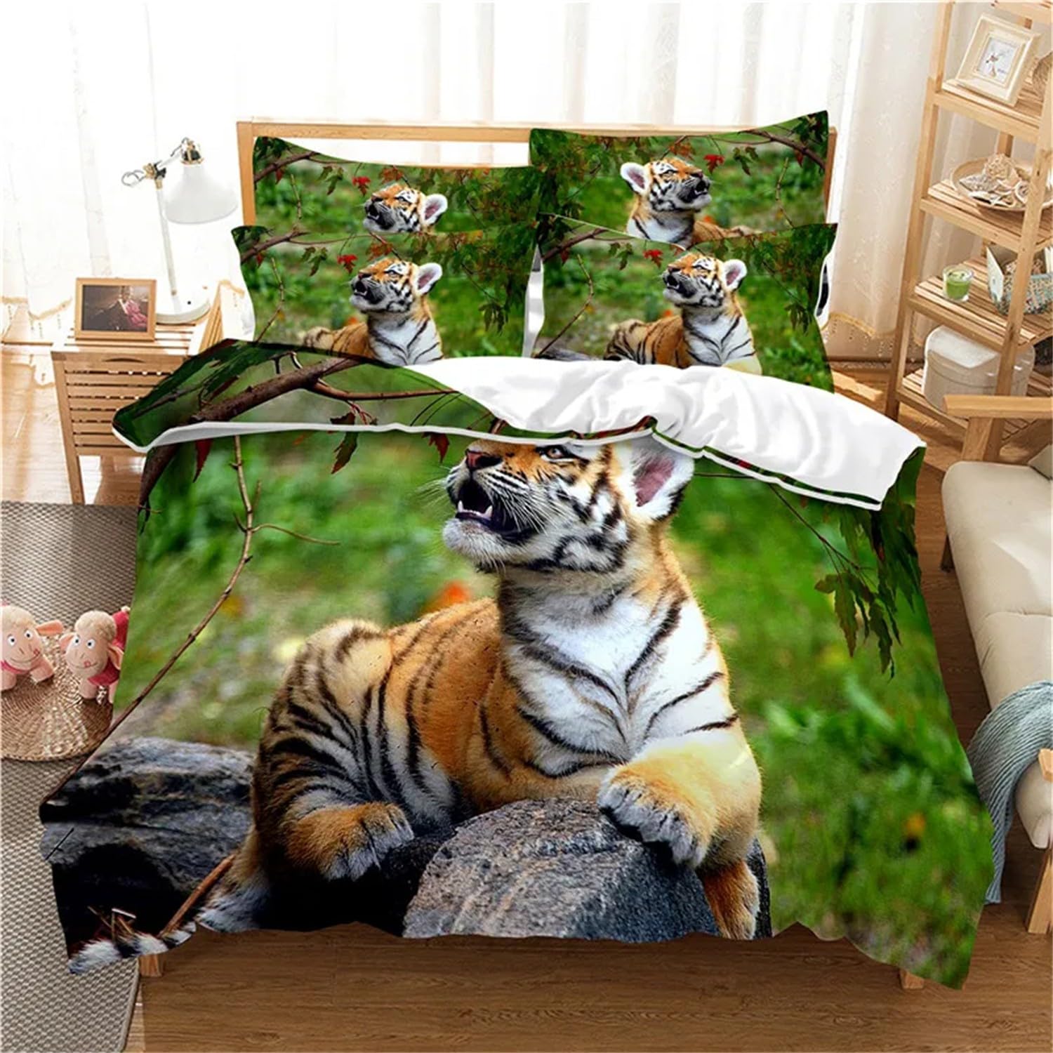 Copripiumino Matrimoniale 250x200 Tigre Verde Biancheria da Letto Morbido Microfibra Copri Piumone e 2 Federe Abbinate, con Zip, Ipoallergenico
