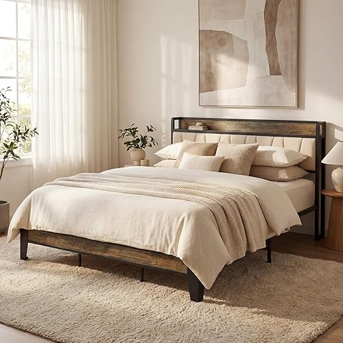 LIKIMIO California King Bed Frame, Storage Headboard with Charging Station, Solid and Stable, Noise Free, No Box Spring Needed, Easy Assembly (Walnut and Beige)
