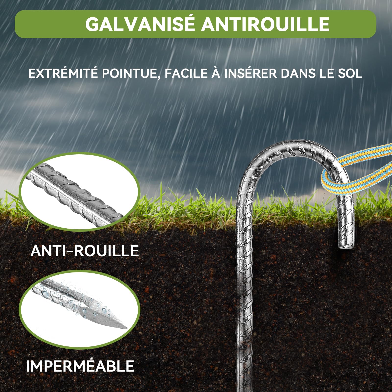 6Pcs 30cm Piquets d'ancrage Résistants en Acier Galvanisé Antirouille avec Crochets en J pour Tentes de Trampoline - Convient pour Camp, Jardin, Abri et Balançoires