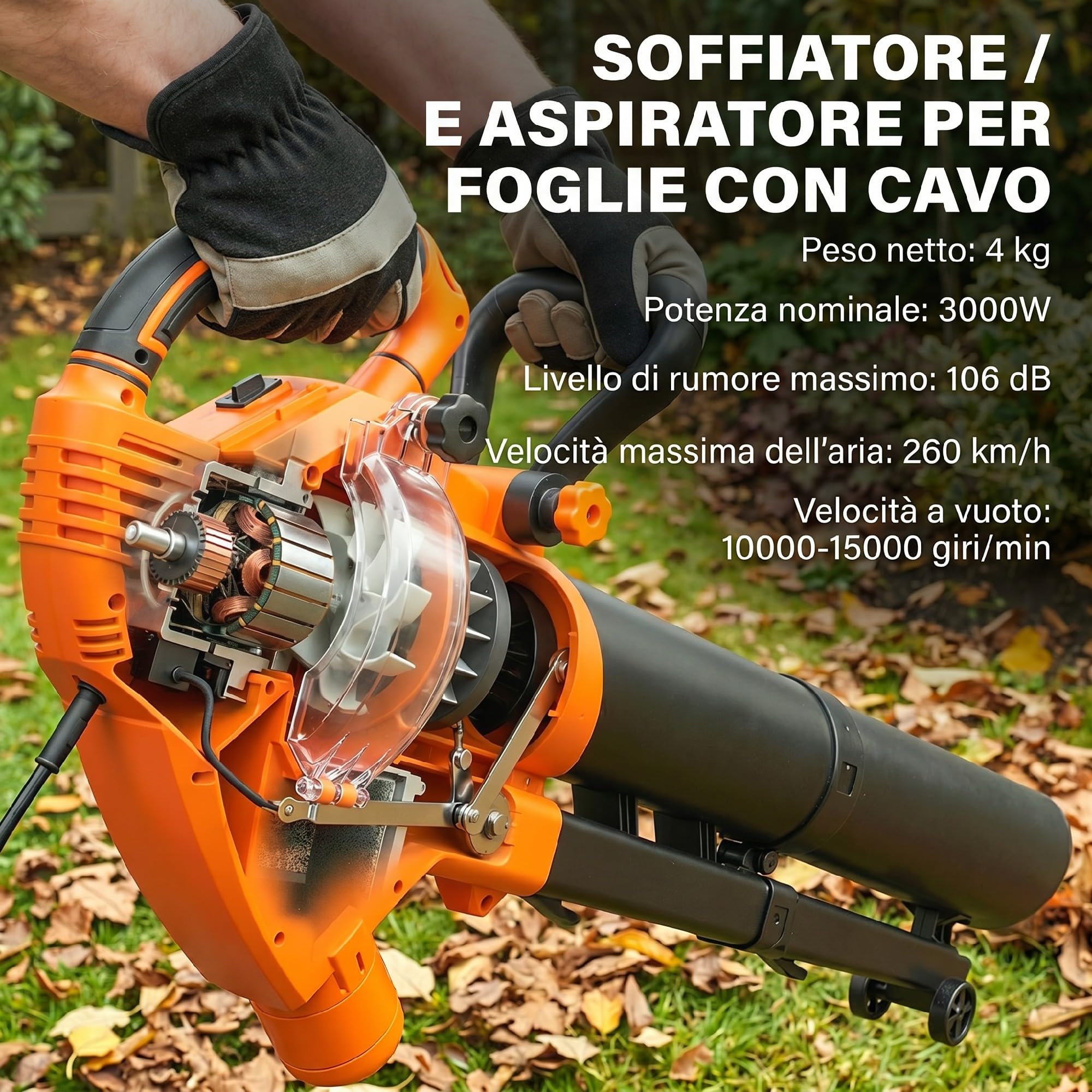 Outsunny Soffiatore e Aspiratore per Foglie 3-in-1 da 3000W con Trituratore, Sacco da 40L, 4 Ruote, Tracolla Regolabile, per Prati Vialetti e Terrazzi