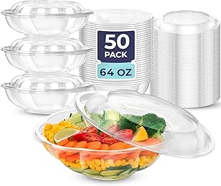Fit Meal Prep 50 Pack 64 oz Disposable Plastic Clear Salad Bowls with Airtight Lids - To Go for Lunch, Takeout, Party, Catering, Picnic