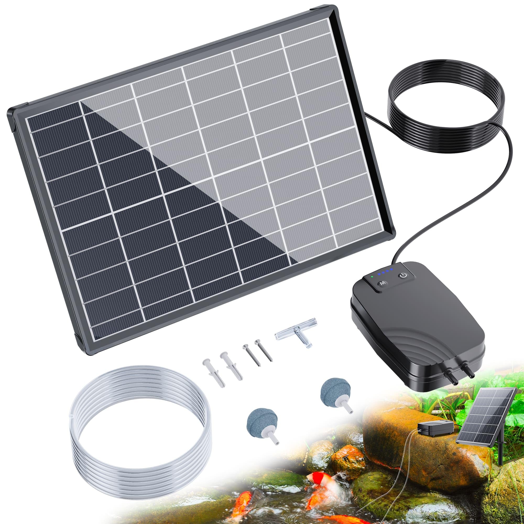 Biling 8W Solar Pond Aerator, Solar Pond Air Pump for Outdoor Fish Ponds with 4400mAh Battery, 3 Modes 2 Air Stone for Pond Oxygenator for Backyard Koi Hydroponic AquacultureGlobal Recycled StandardGlobal Recycled StandardGlobal Recycled Standard