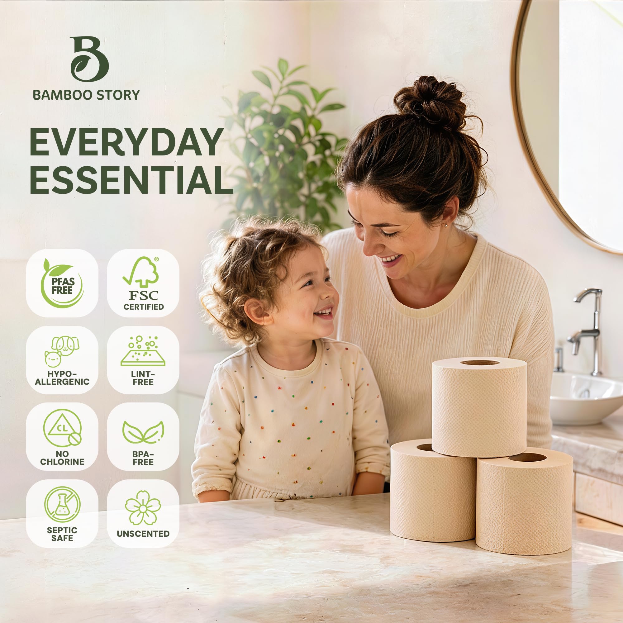Bamboo Story, Papel higiénico de bambú sin blanquear, 12 rollos, 3 capas y 300 hojas de papel higiénico de bambú, certificado FSC, biodegradable, sin químicos, sin plástico, sin BPA, papel higiénico